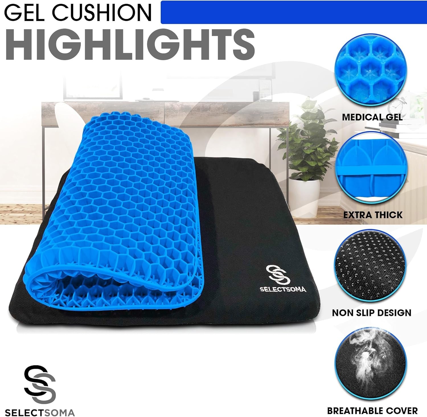 Double-Thick Super Large Gel Seat Cushion- Breathable and Cooling Honeycomb Design - Pressure Relief for Sciatica, Tailbone & Back Pain - Office Chair, Wheelchair, Car & Truck Cushion