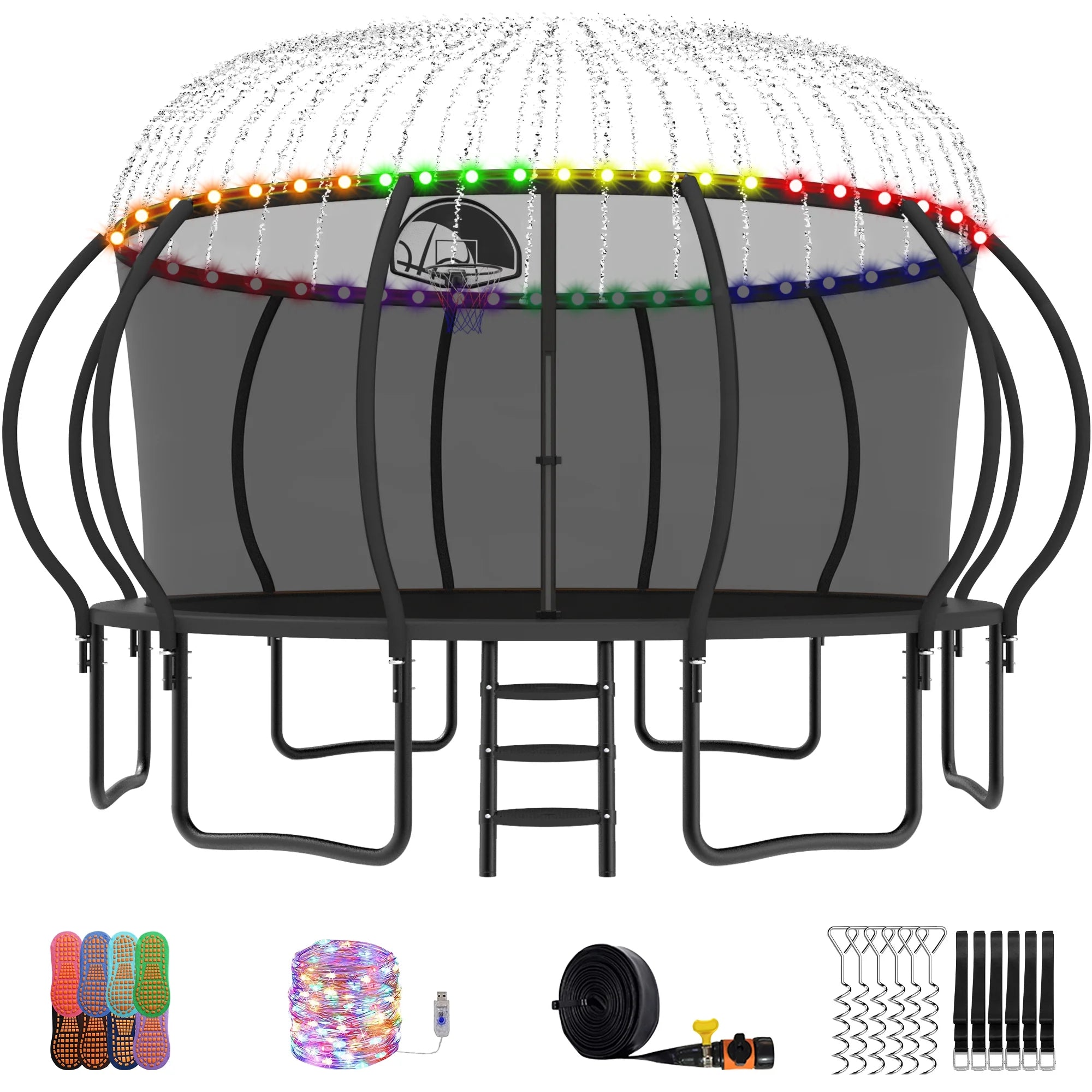 Trampoline, 14 FT Trampoline for 7-8 Kids Adults with Enclosure Net, Basketball Hoop, Ladder, Wind Stakes, 1400LBS Weight Capacity round Outdoor Recreational Trampoline, Heavy Duty Trampoline