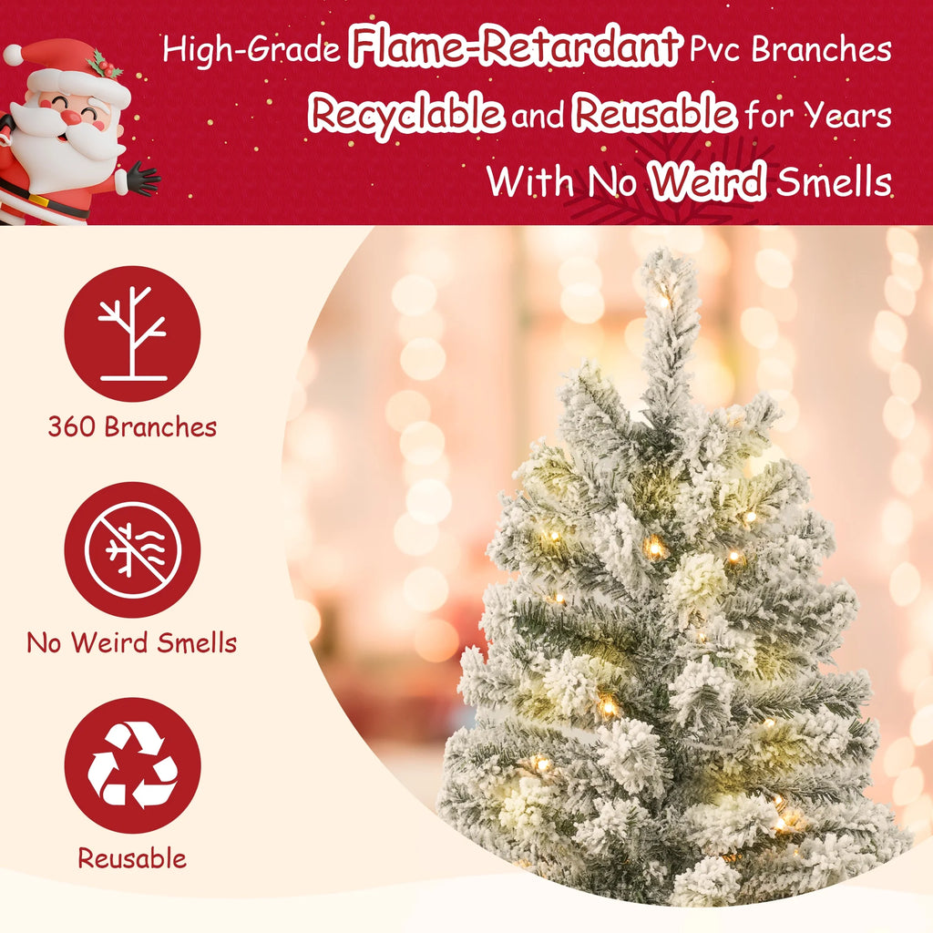 4FT Pre-Lit Flocked Christmas Tree with 360 Branch Tips, Snow Artificial Xmas Tree with 100 LED Lights for Holiday, Outdoor, Indoor, Home