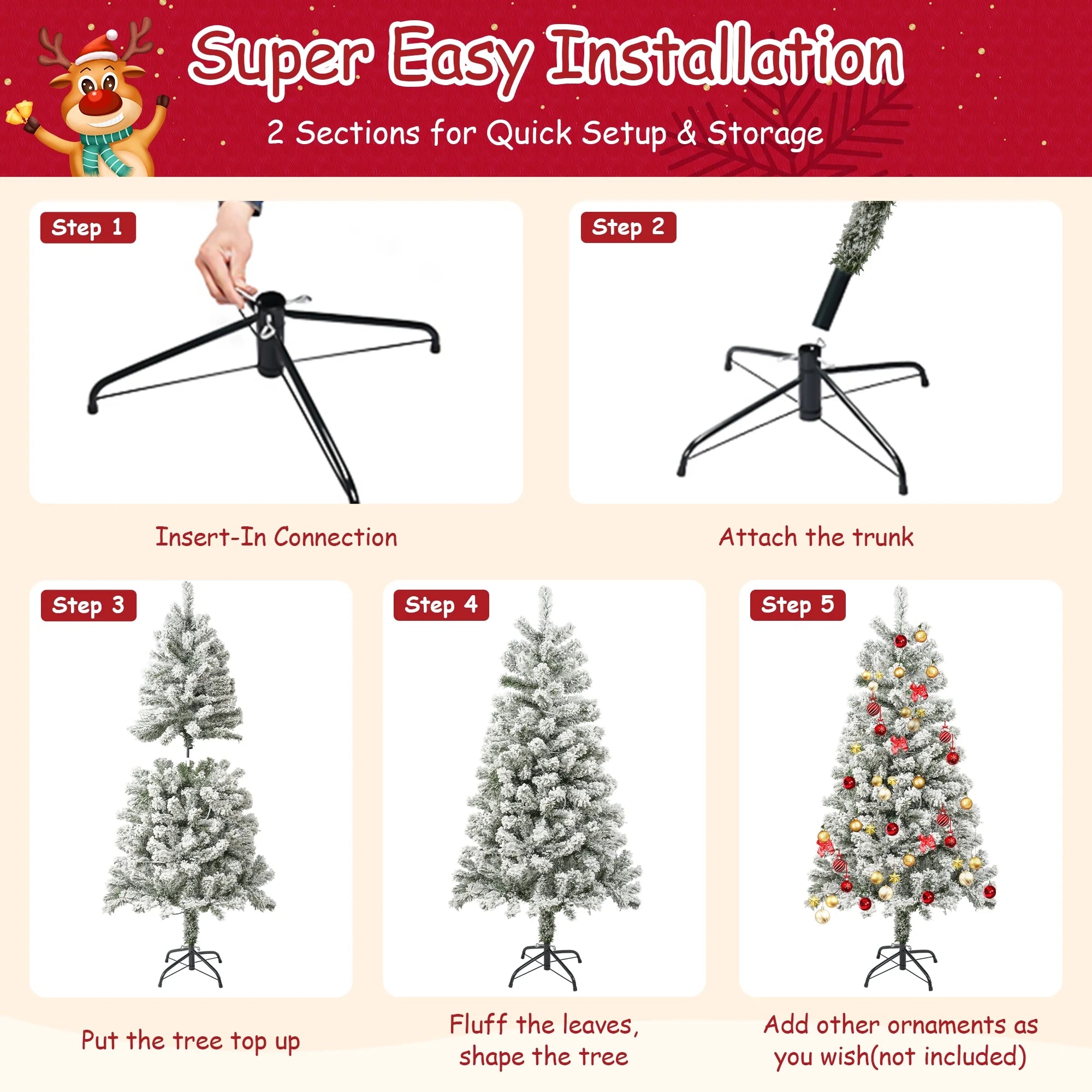 4FT Pre-Lit Flocked Christmas Tree with 360 Branch Tips, Snow Artificial Xmas Tree with 100 LED Lights for Holiday, Outdoor, Indoor, Home