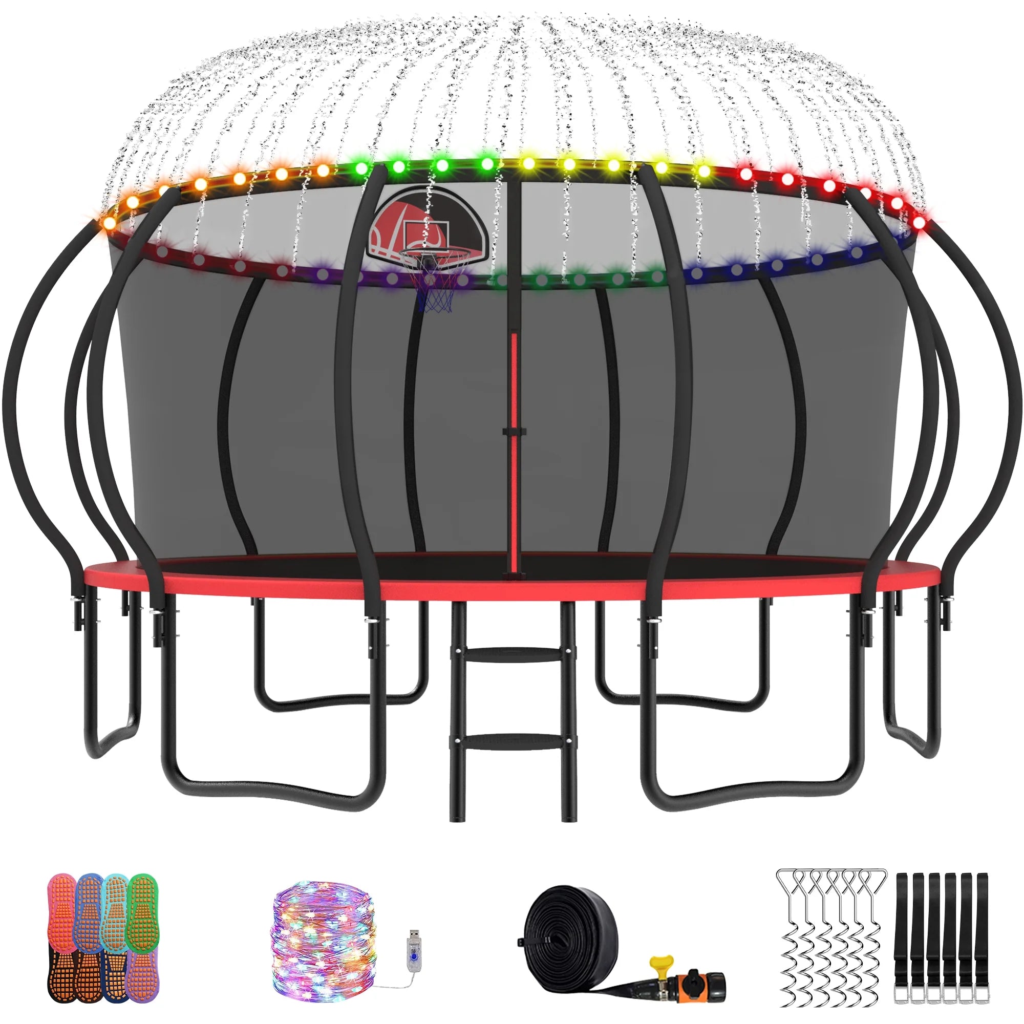 Trampoline, 14 FT Trampoline for 7-8 Kids Adults with Enclosure Net, Basketball Hoop, Ladder, Wind Stakes, 1400LBS Weight Capacity round Outdoor Recreational Trampoline, Heavy Duty Trampoline