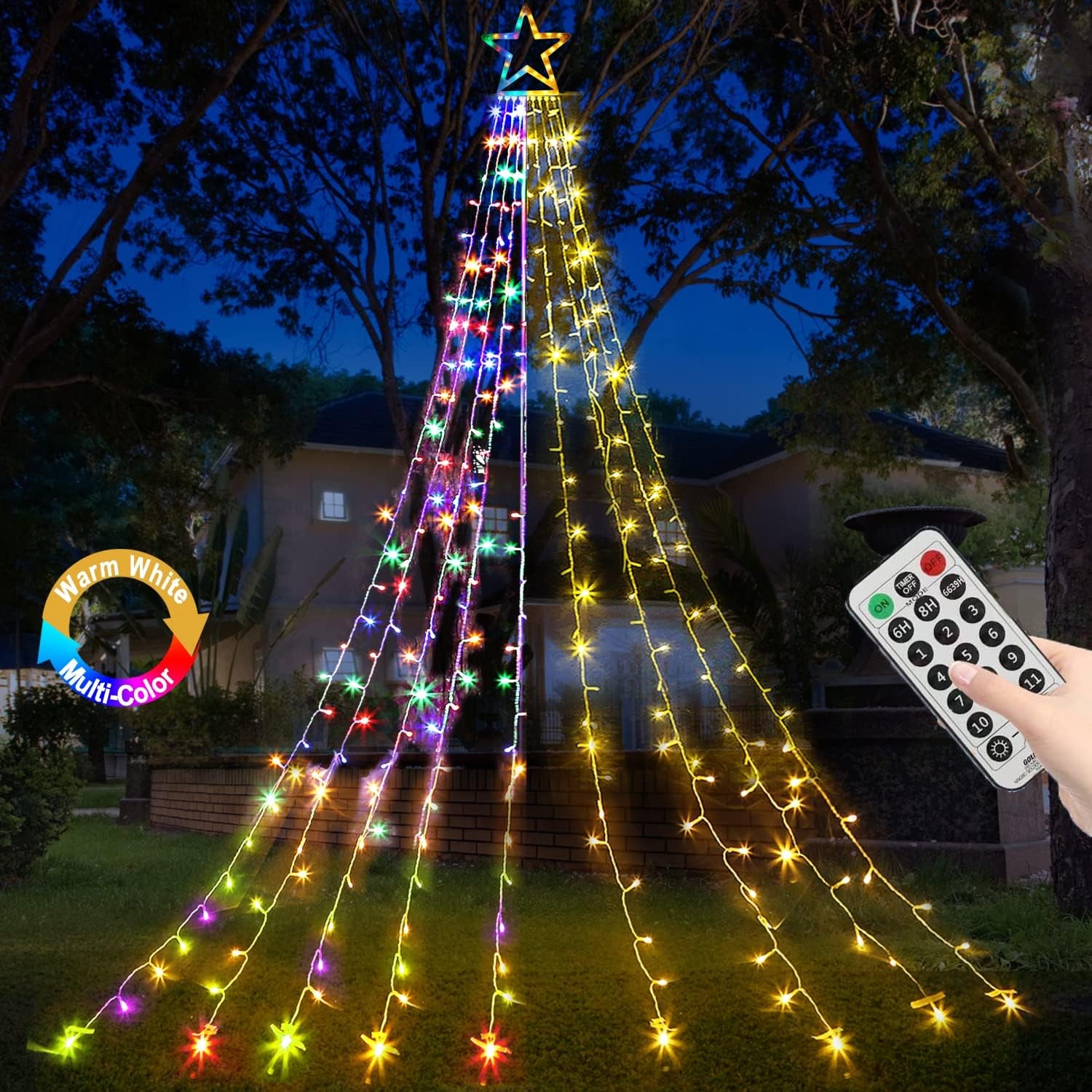 (New) Christmas Decoration Lights, 320 LED Waterfall Christmas Tree Lights with 12" Star Topper, 8 Modes Indoor Outdoor String Lights for Yard, Party, Home, Holiday (Warm White)