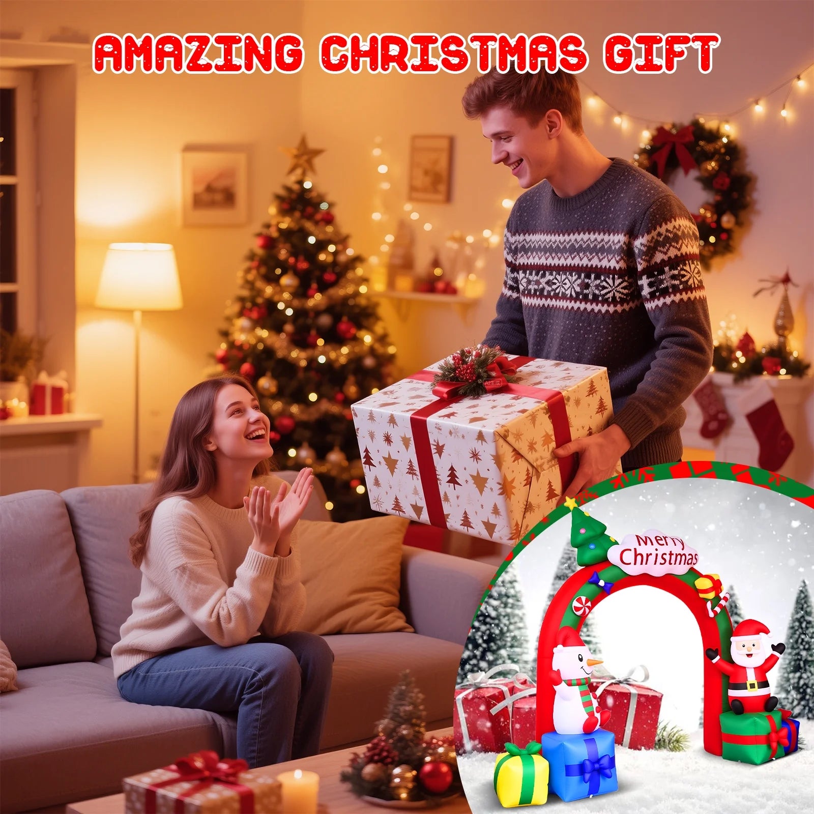 10FT Christmas Inflatable Archway Santa Claus and Snowman with Bow LED Lights Yard Art Decoration