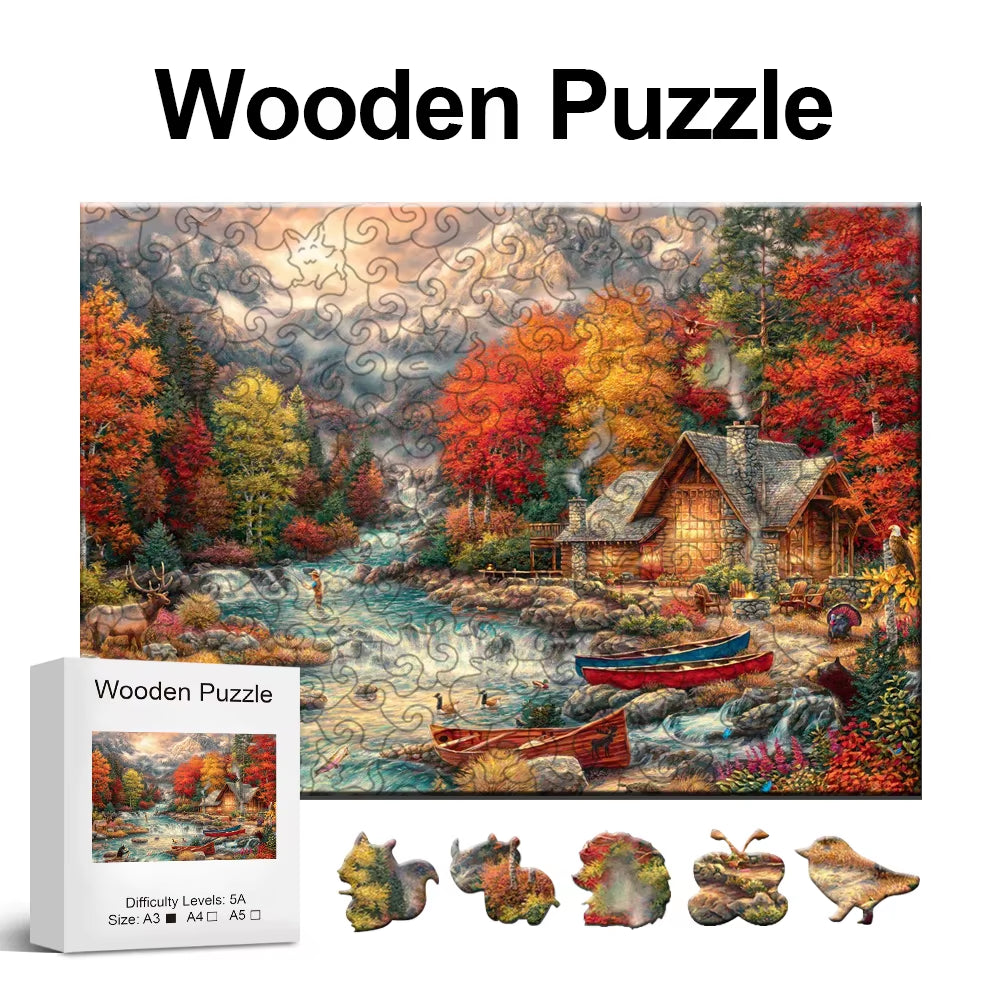 Autumn Mountains Wooden Jigsaw Puzzle Toys, Irregular Animal Shaped Pieces, Best Gift for Christmas and Thanksgiving