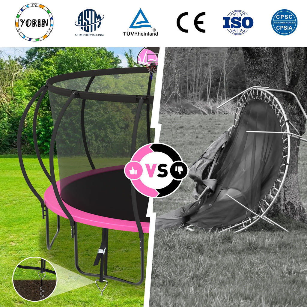 Trampoline, 14 FT Trampoline for 7-8 Kids Adults with Enclosure Net, Basketball Hoop, Ladder, Wind Stakes, 1400LBS Weight Capacity round Outdoor Recreational Trampoline, Heavy Duty Trampoline