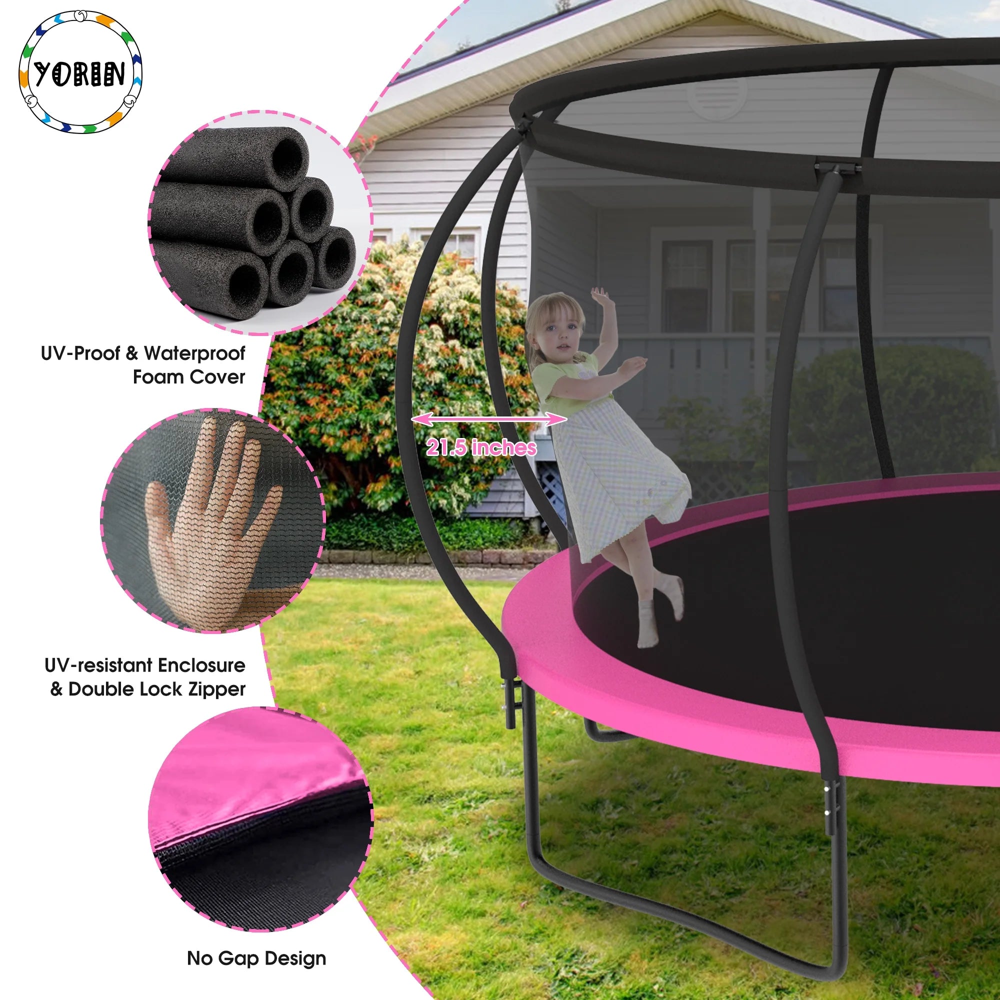 Trampoline, 14 FT Trampoline for 7-8 Kids Adults with Enclosure Net, Basketball Hoop, Ladder, Wind Stakes, 1400LBS Weight Capacity round Outdoor Recreational Trampoline, Heavy Duty Trampoline