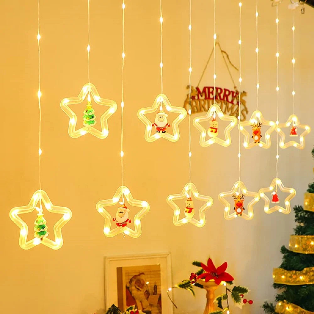 Christmas Star Window Lights Indoor, Cute Christmas Window Curtain Lights Decor with Remote, 10 Ft LED Christmas Decorations Curtain String Lights for Bedroom