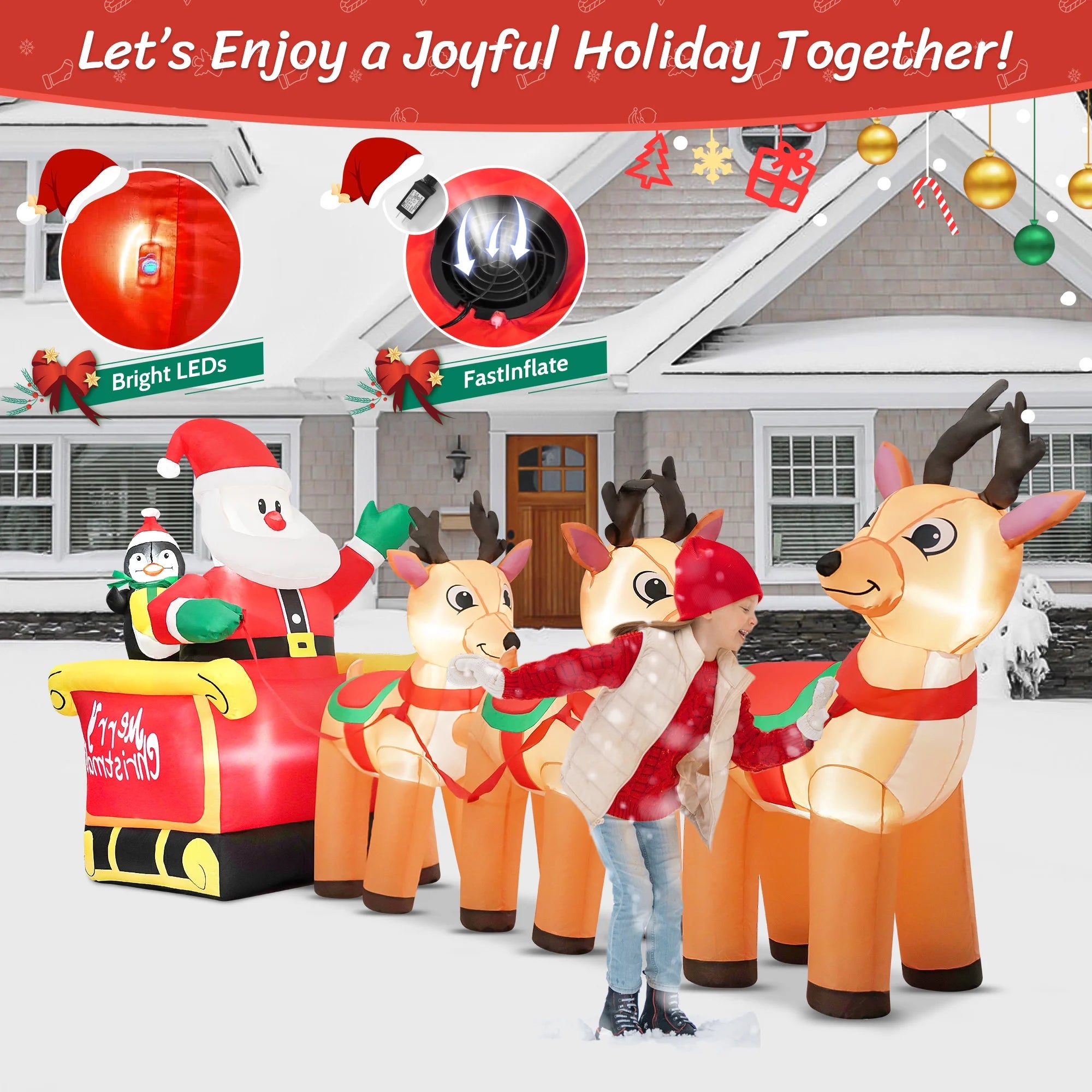 12Ft Christmas Inflatable Santa Claus on Sleigh with 3 Reindeer Outdoor Lights Decor for Holiday Decor,Xmas Party,Yard,Garden and Lawn