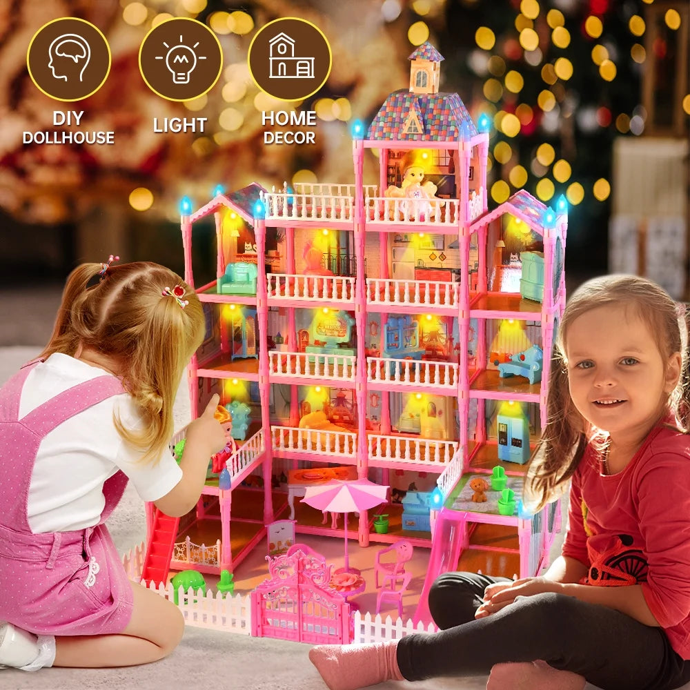 Doll House for Girls, 5-Story 19 Rooms Huge Dollhouse Playset with LED Lights, 2 Dolls, Furnitures, Accessories, DIY Pretend Play House Toys Gifts for Kids, Pink