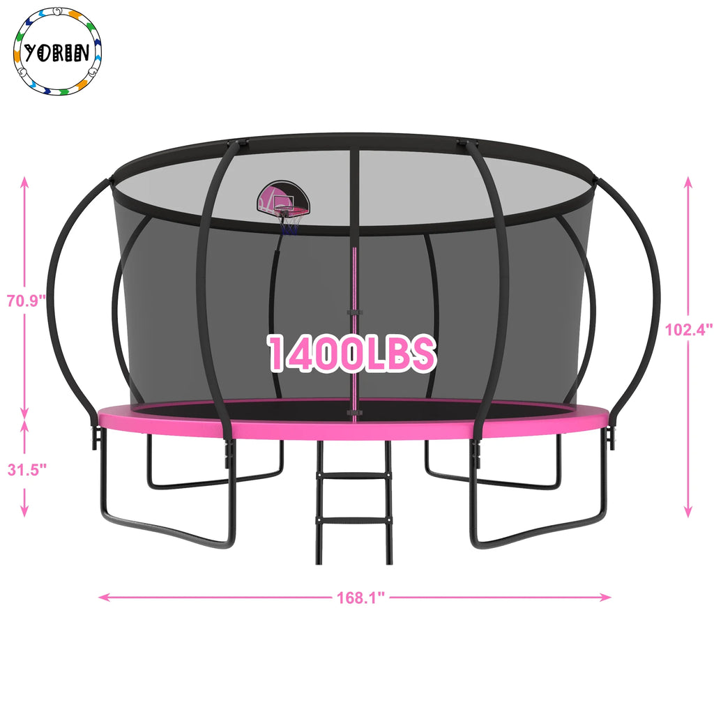 Trampoline, 14 FT Trampoline for 7-8 Kids Adults with Enclosure Net, Basketball Hoop, Ladder, Wind Stakes, 1400LBS Weight Capacity round Outdoor Recreational Trampoline, Heavy Duty Trampoline