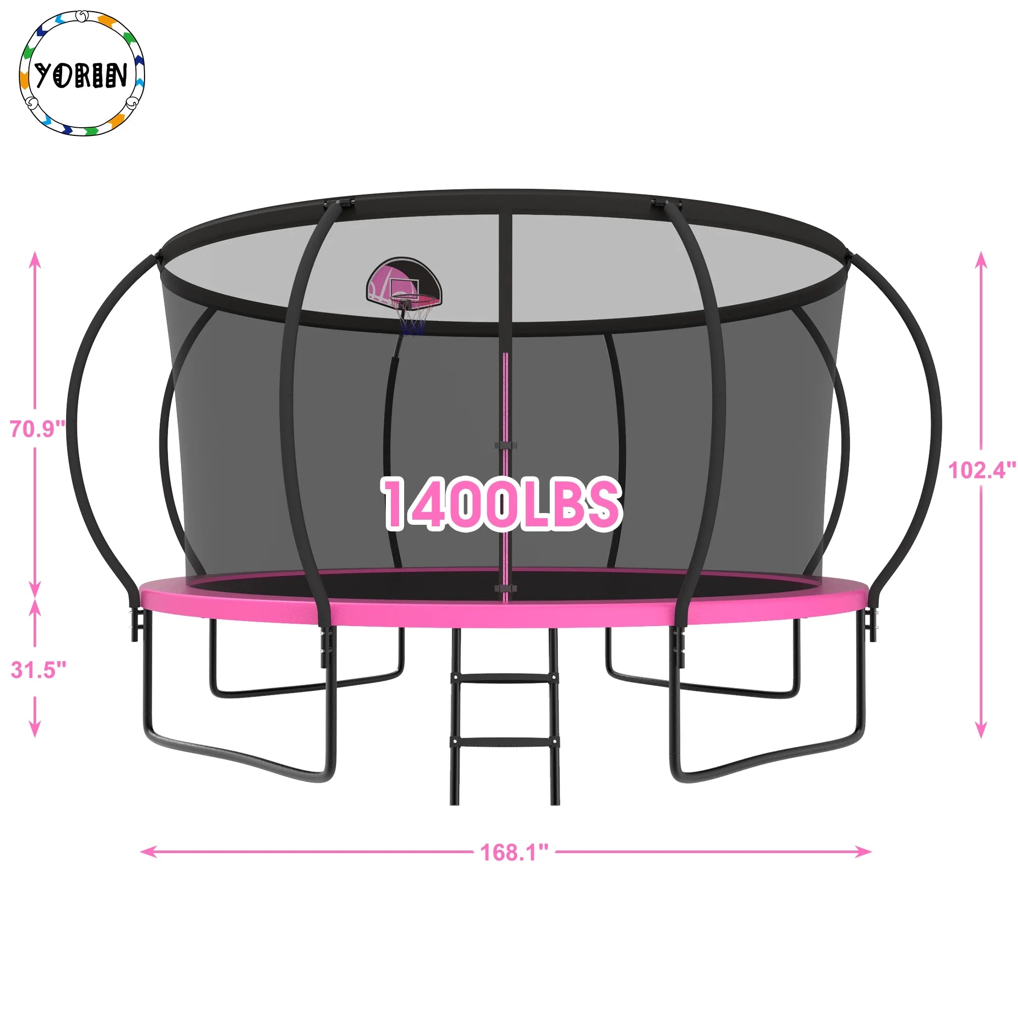 Trampoline, 14 FT Trampoline for 7-8 Kids Adults with Enclosure Net, Basketball Hoop, Ladder, Wind Stakes, 1400LBS Weight Capacity round Outdoor Recreational Trampoline, Heavy Duty Trampoline