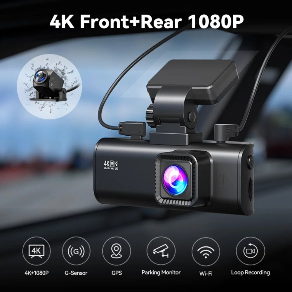 Dash Cam Front and Rear, Dash Cam 4K with Wifi & GPS, 4K/2.5K Front+1080P Rear Dashcam, Dash Camera with Night Vision, 3.18'' LCD Screen, Loop Recording, Black