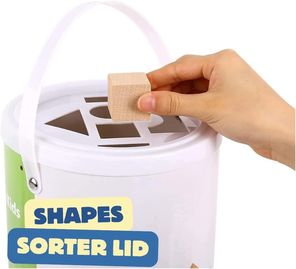 Wooden Blocks - 100 Pcs - Building Blocks for Toddlers - Includes Storage Container with Shape Sorter Lid - Natural Beech Wood Blocks - Preschool Learning Toys Stacking Block