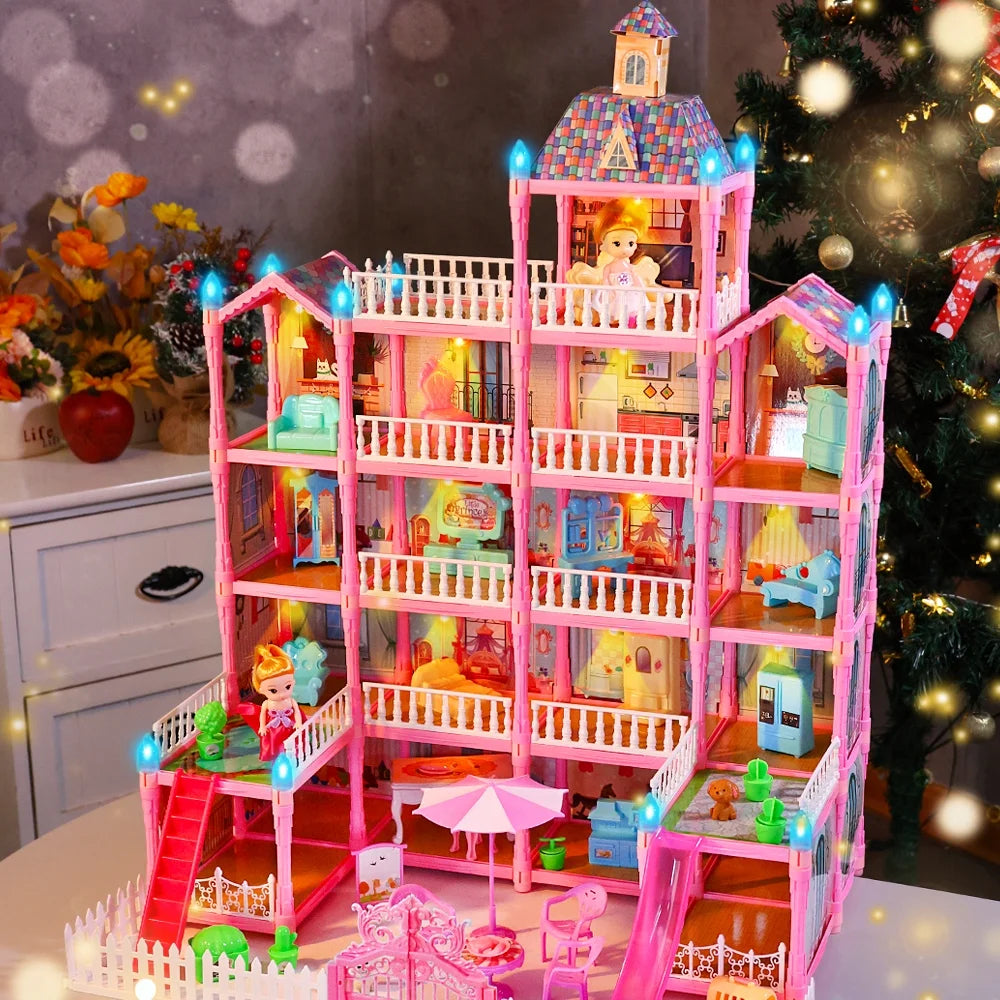Doll House for Girls, 5-Story 19 Rooms Huge Dollhouse Playset with LED Lights, 2 Dolls, Furnitures, Accessories, DIY Pretend Play House Toys Gifts for Kids, Pink