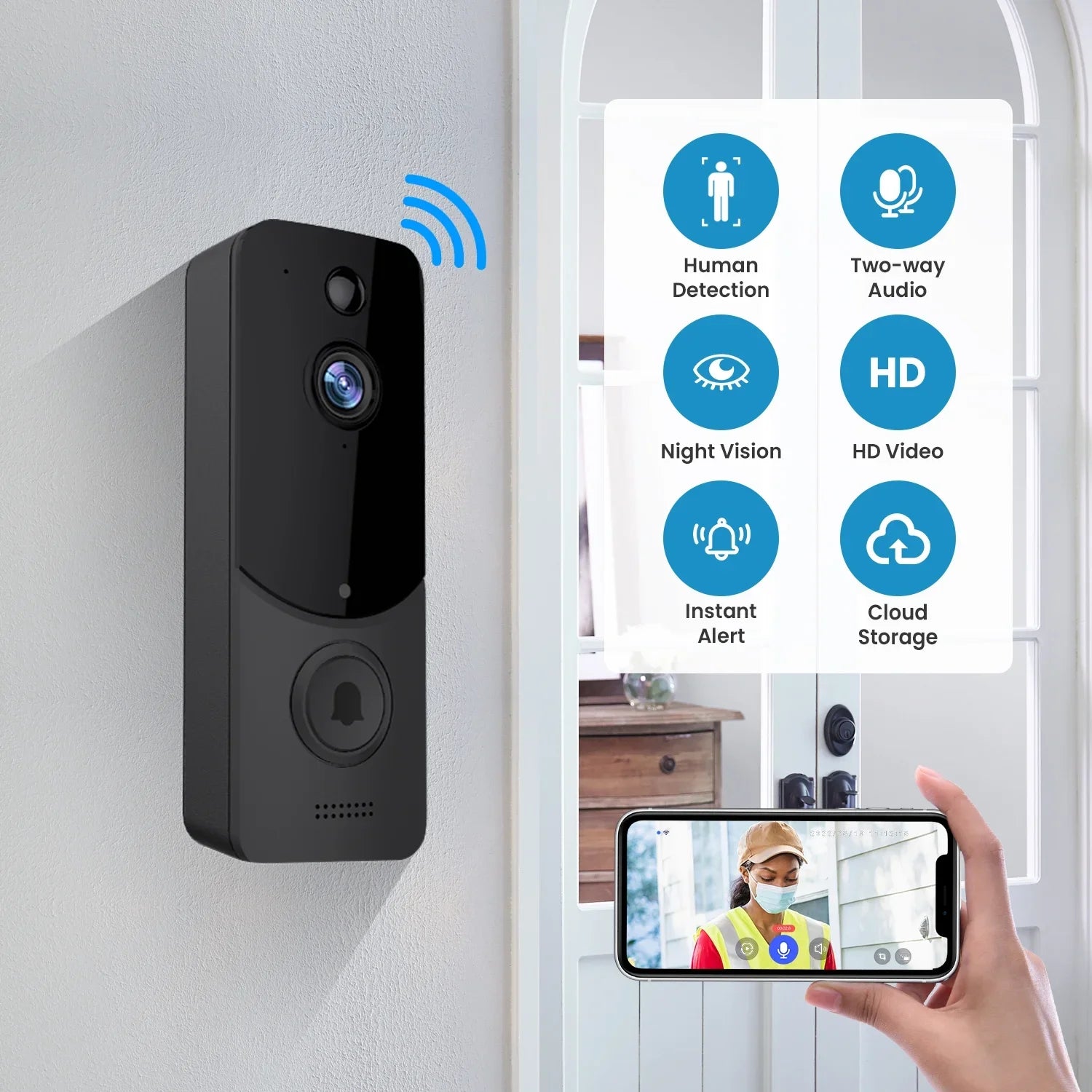 Wireless Doorbell Camera with Chime, Wireless Video Doorbell with Human Detection, Cloud Storage, 2-Way Audio, Night Vision, 2.4G Wifi