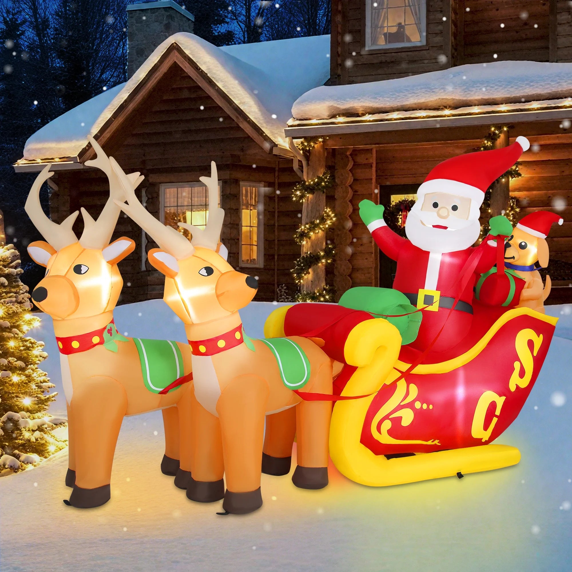 7Ft Christmas Inflatables Outdoor Decoration Santa Claus on Sleigh with Reindeer