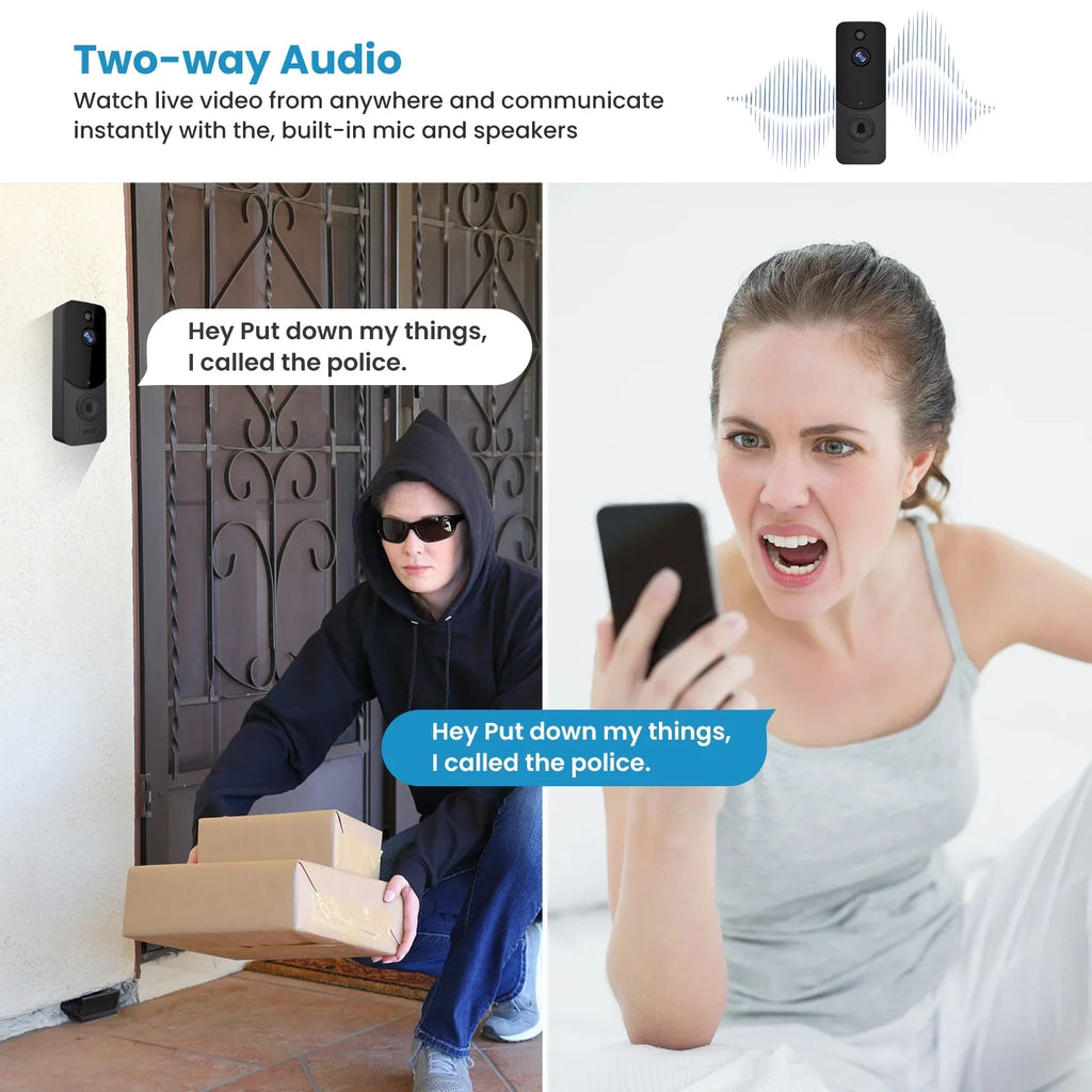 Wireless Doorbell Camera with Chime, Wireless Video Doorbell with Human Detection, Cloud Storage, 2-Way Audio, Night Vision, 2.4G Wifi