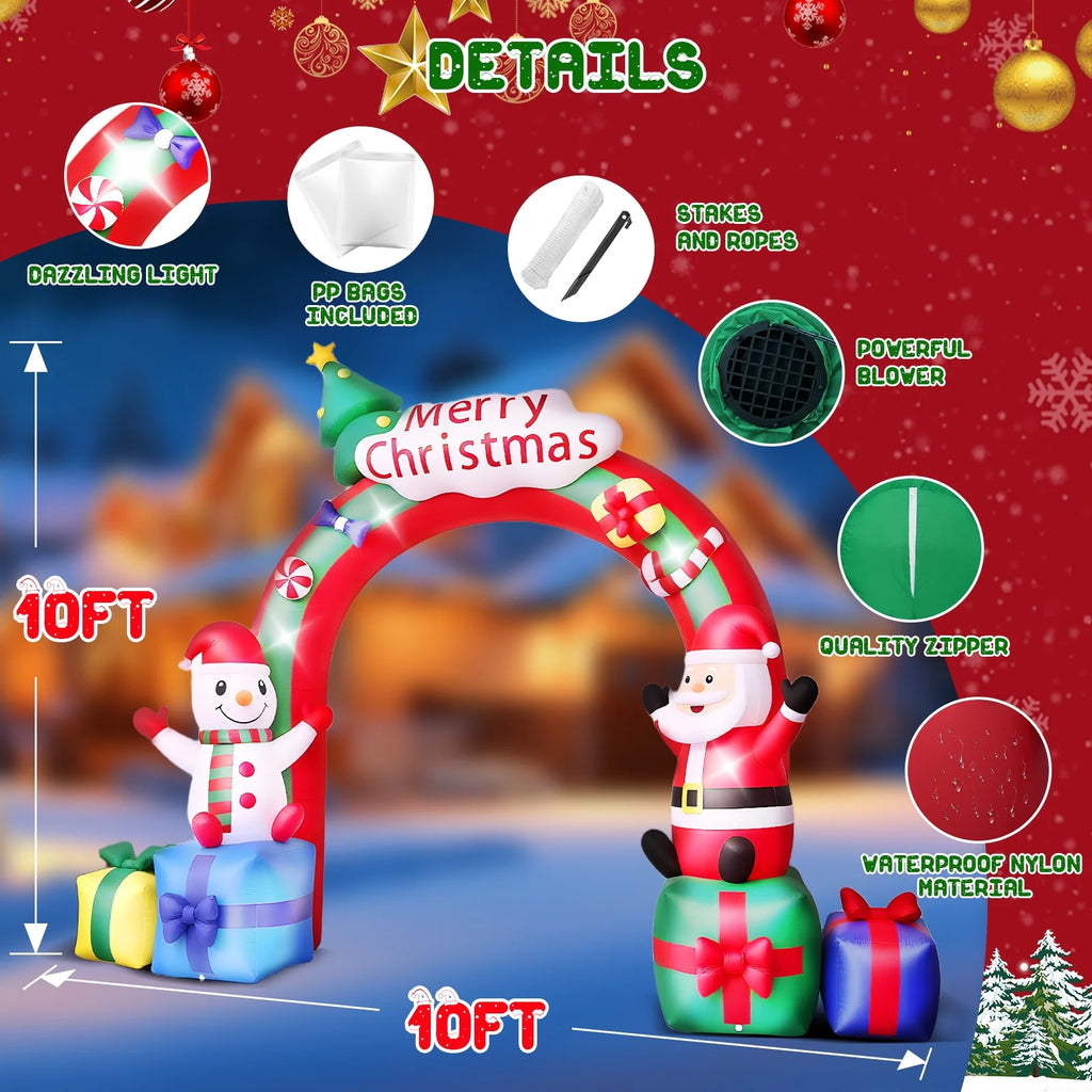 10FT Christmas Inflatable Archway Santa Claus and Snowman with Bow LED Lights Yard Art Decoration