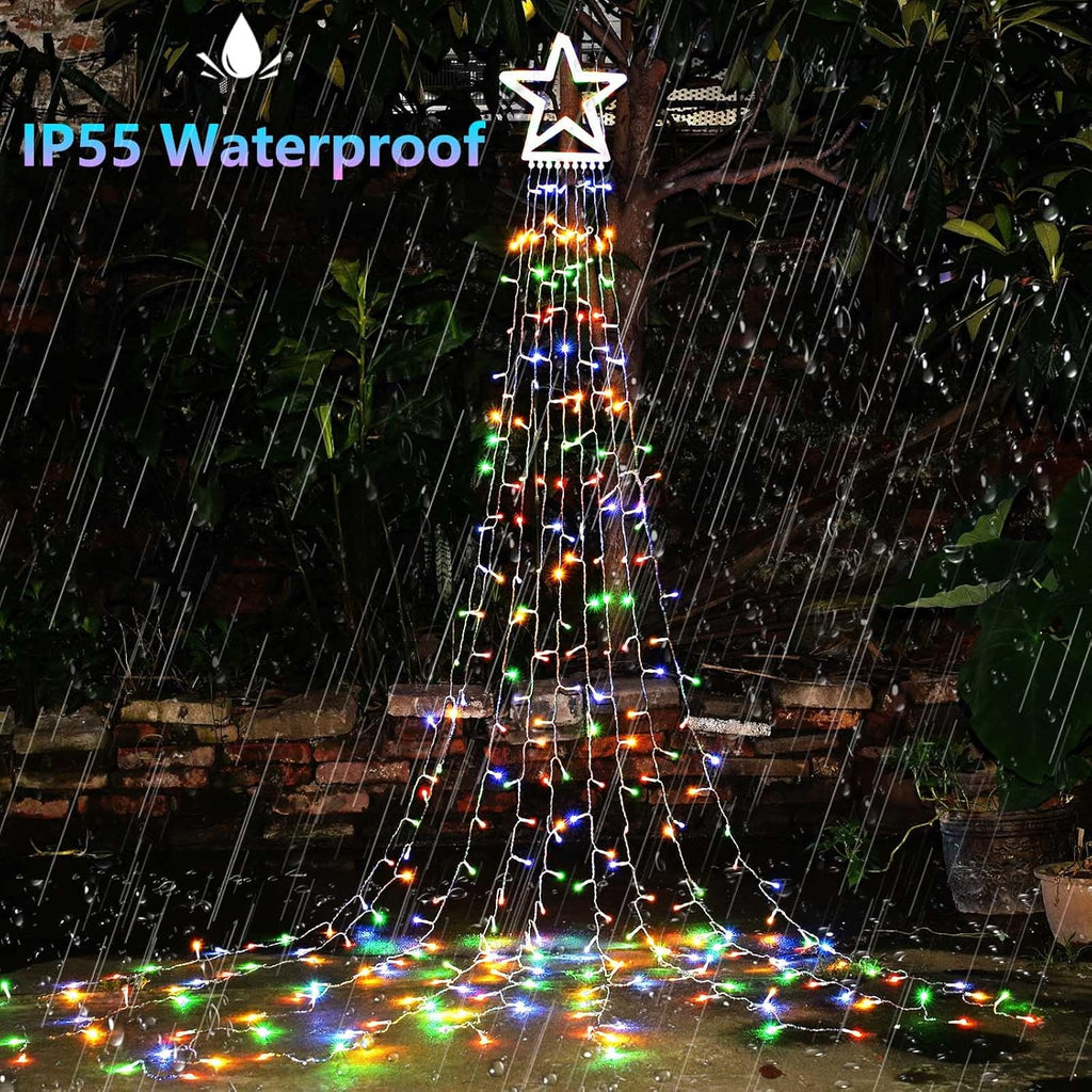 Outdoor Christmas Star String Lights, 317 LED 8 Modes Waterfall Tree Lights with Topper - Multicolor for Yard & Home