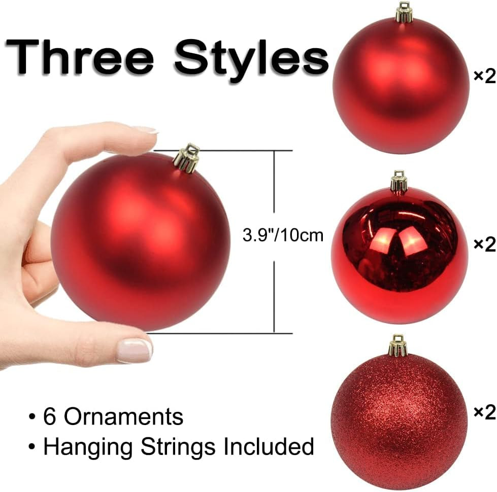 3.94" Large Christmas Balls Shatterproof Red Christmas Ornaments 6 Pcs Big Red Xmas Ornaments for Xmas Tree Holiday Wedding Party Decoration