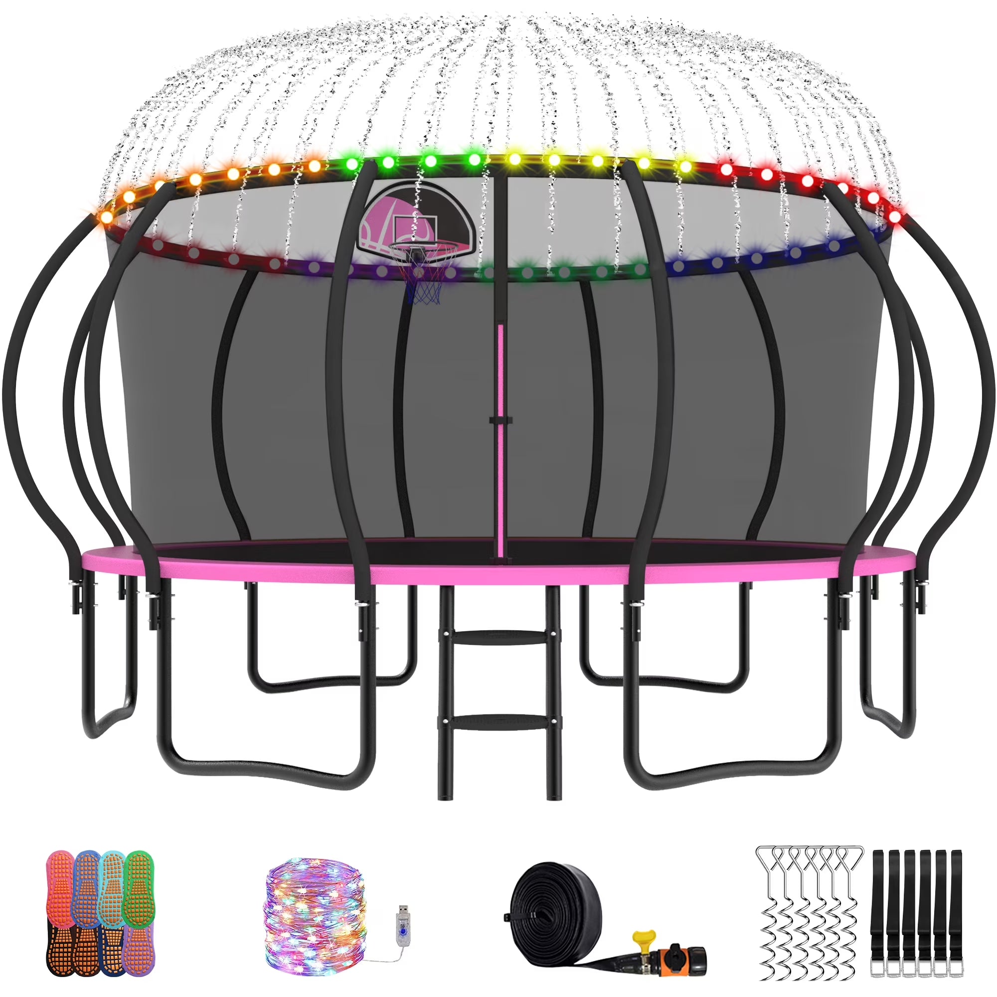 Trampoline, 14 FT Trampoline for 7-8 Kids Adults with Enclosure Net, Basketball Hoop, Ladder, Wind Stakes, 1400LBS Weight Capacity round Outdoor Recreational Trampoline, Heavy Duty Trampoline