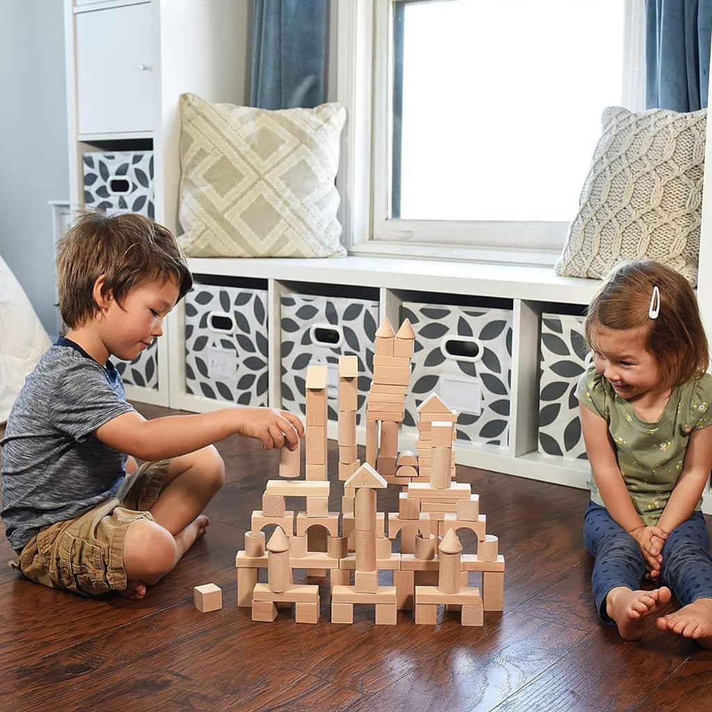 Wooden Blocks - 100 Pcs - Building Blocks for Toddlers - Includes Storage Container with Shape Sorter Lid - Natural Beech Wood Blocks - Preschool Learning Toys Stacking Block