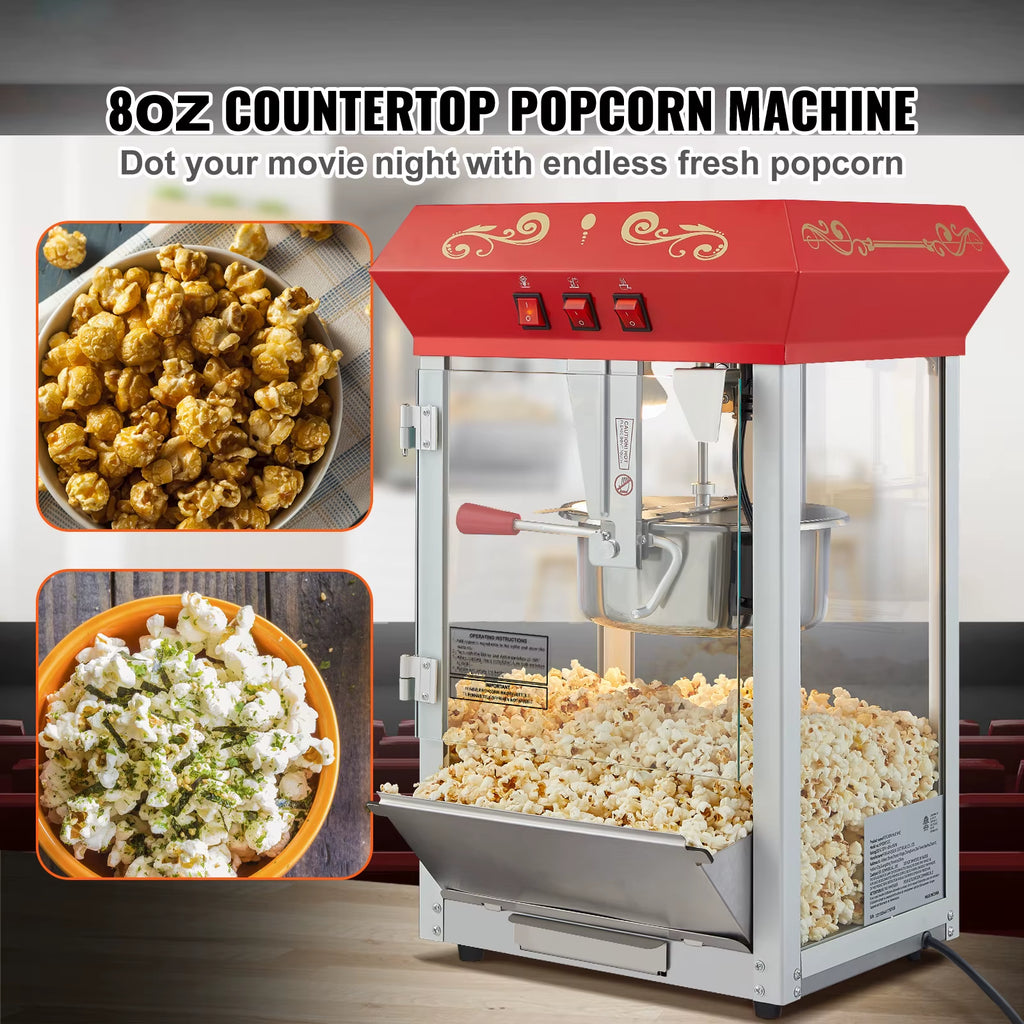 8/12Oz Electric Popcorn Maker Commercial Popper Machine Automatic Corn Cookware with Scoop Spoon SUS304 Heating Tube