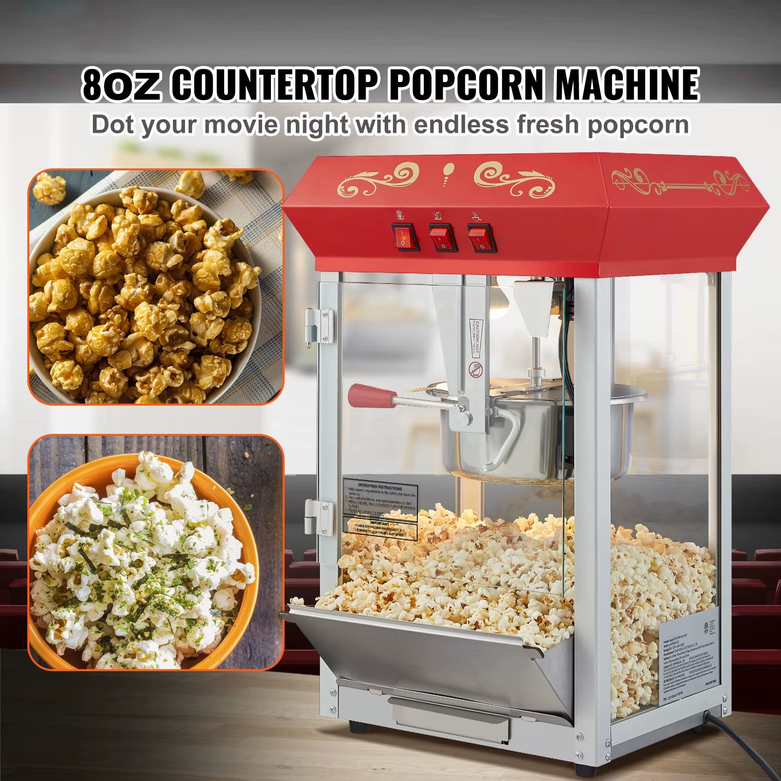 8/12Oz Electric Popcorn Maker Commercial Popper Machine Automatic Corn Cookware with Scoop Spoon SUS304 Heating Tube