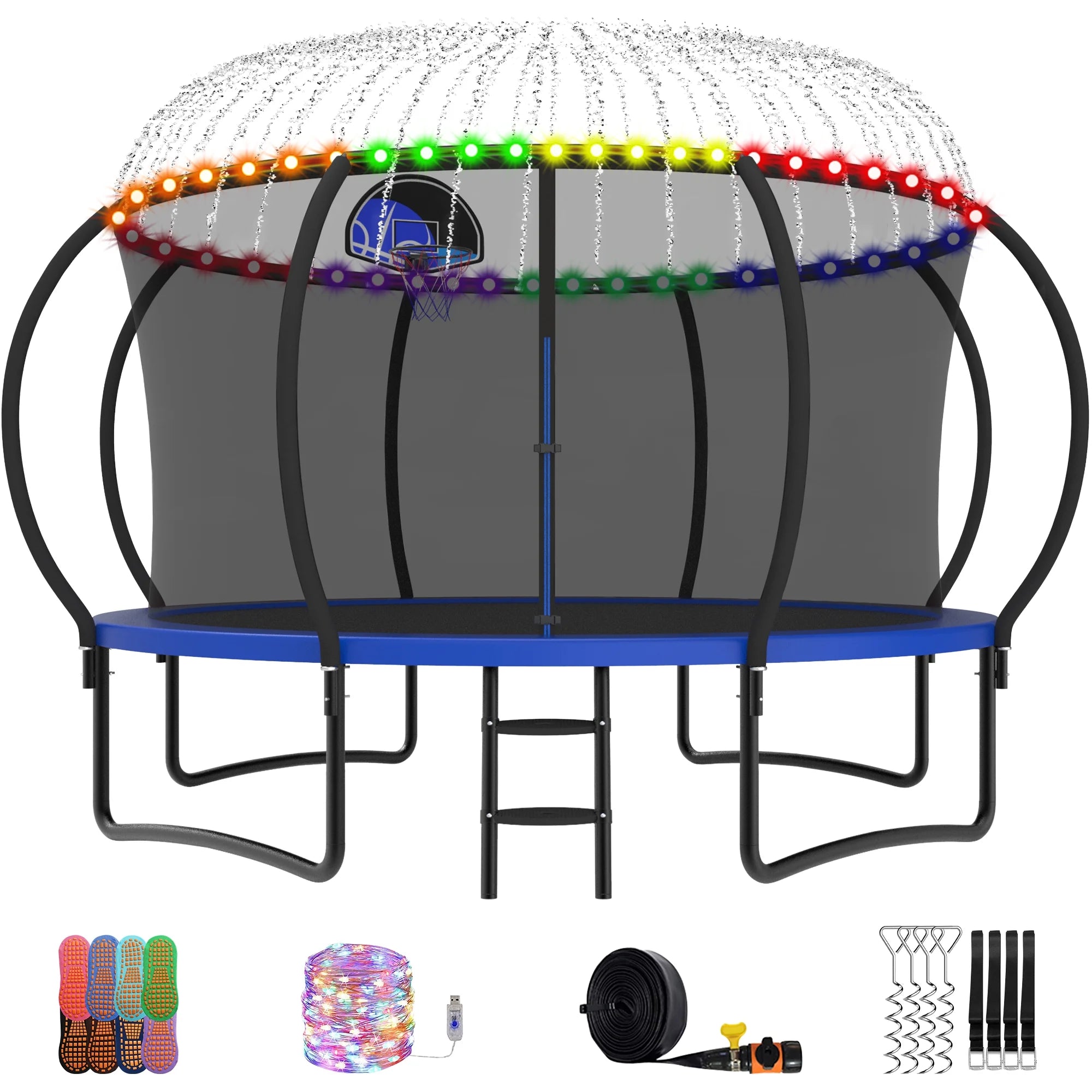 Trampoline, 14 FT Trampoline for 7-8 Kids Adults with Enclosure Net, Basketball Hoop, Ladder, Wind Stakes, 1400LBS Weight Capacity round Outdoor Recreational Trampoline, Heavy Duty Trampoline