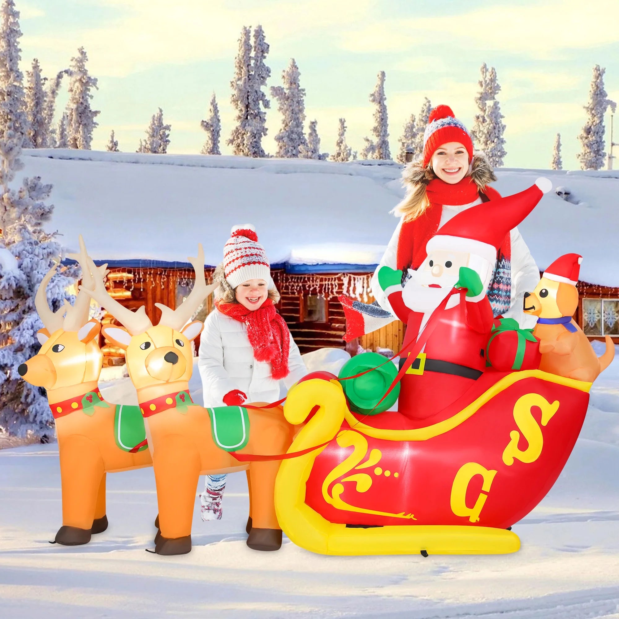 7Ft Christmas Inflatables Outdoor Decoration Santa Claus on Sleigh with Reindeer