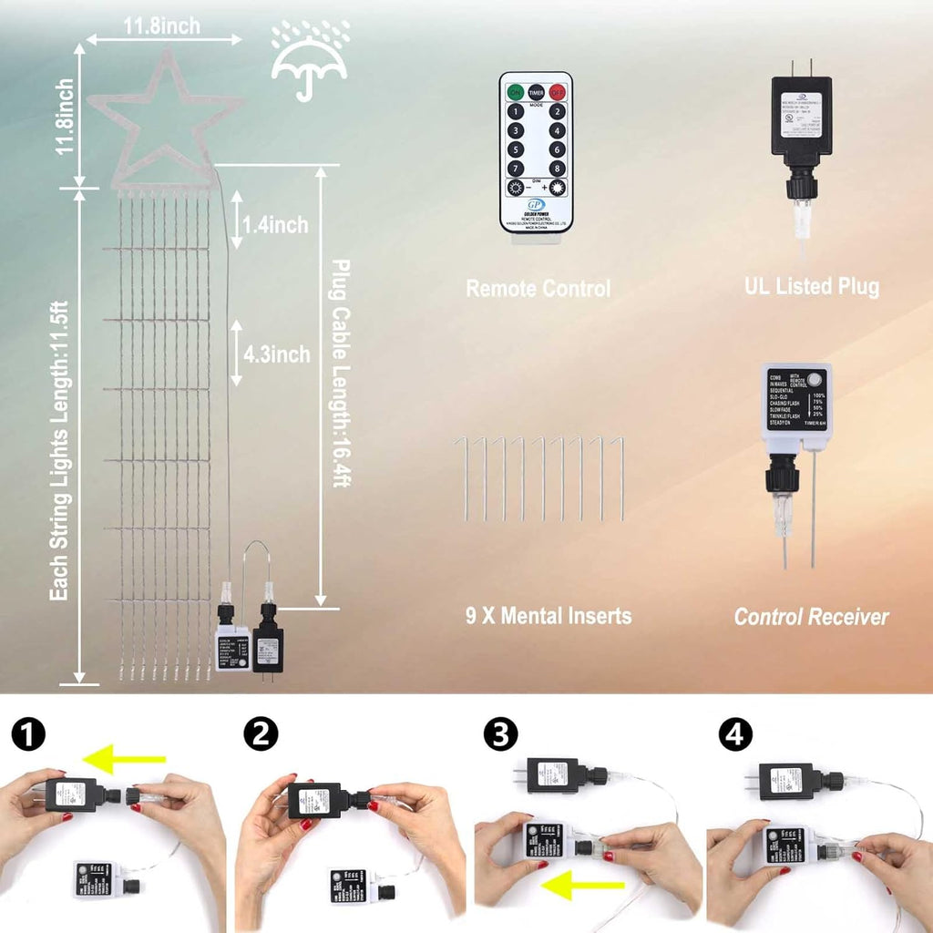 Outdoor Christmas Star String Lights, 317 LED 8 Modes Waterfall Tree Lights with Topper - Multicolor for Yard & Home