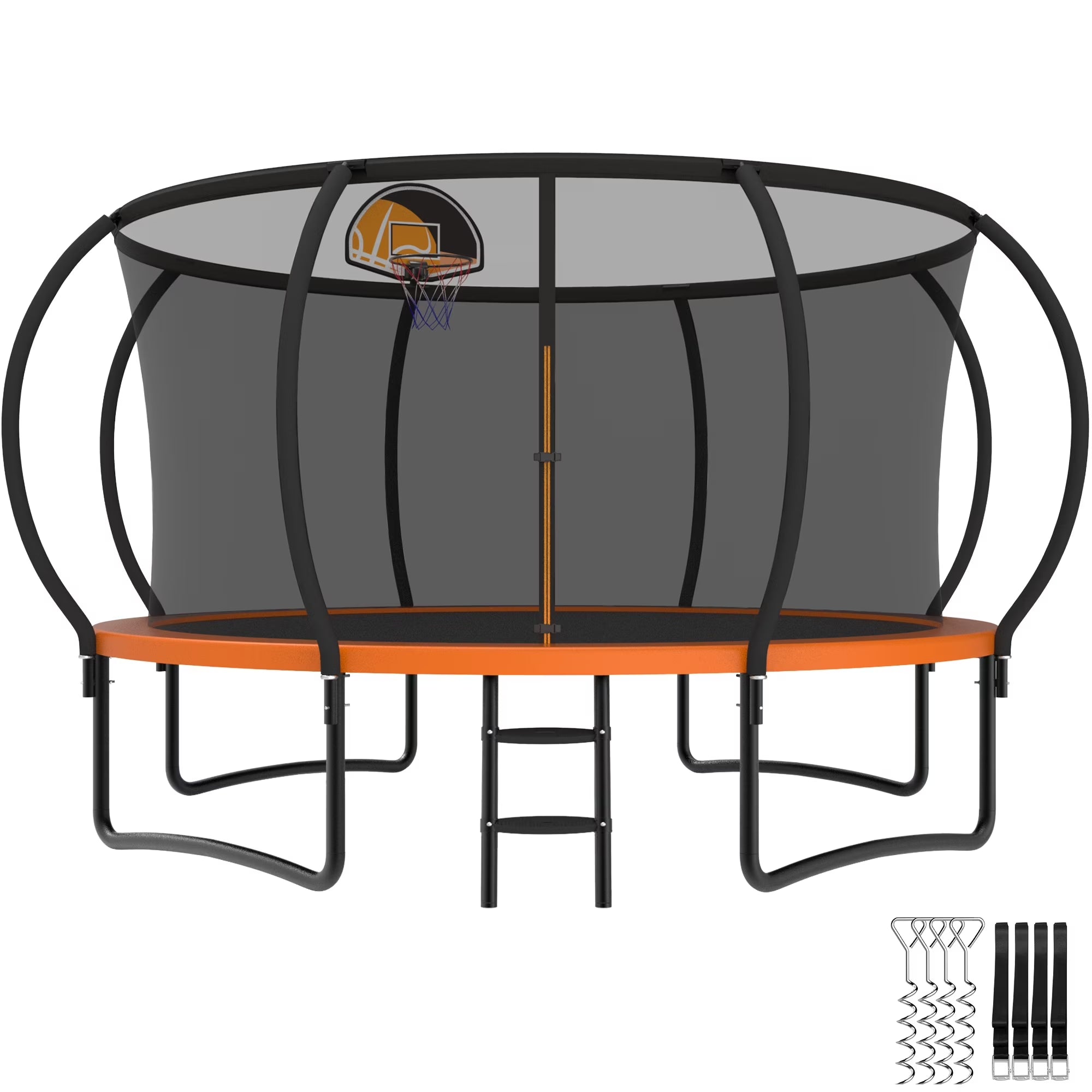 Trampoline, 14 FT Trampoline for 7-8 Kids Adults with Enclosure Net, Basketball Hoop, Ladder, Wind Stakes, 1400LBS Weight Capacity round Outdoor Recreational Trampoline, Heavy Duty Trampoline
