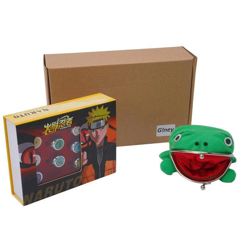 Naruto Akatsuki Rings 10Pcs Set with Green Frog Wallet and Chain Cosplay Itachi Sharingan Box Hidden Leaf Village Anime