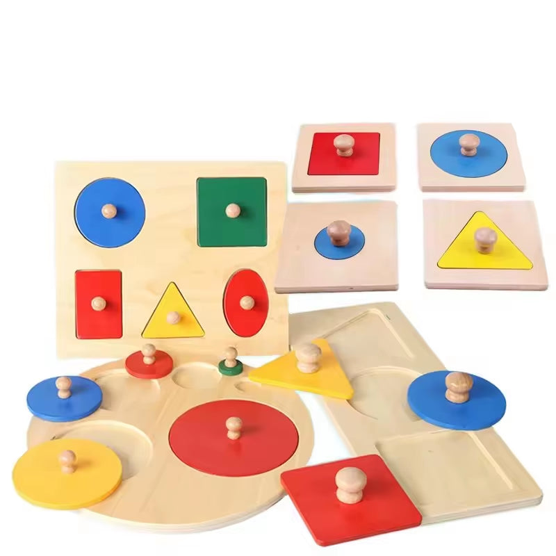 Montessori Wooden Puzzle Board Knob Wood Puzzle Geometric Shape & Color Sorter Puzzle Early Education Sensorial Toys for Toddler