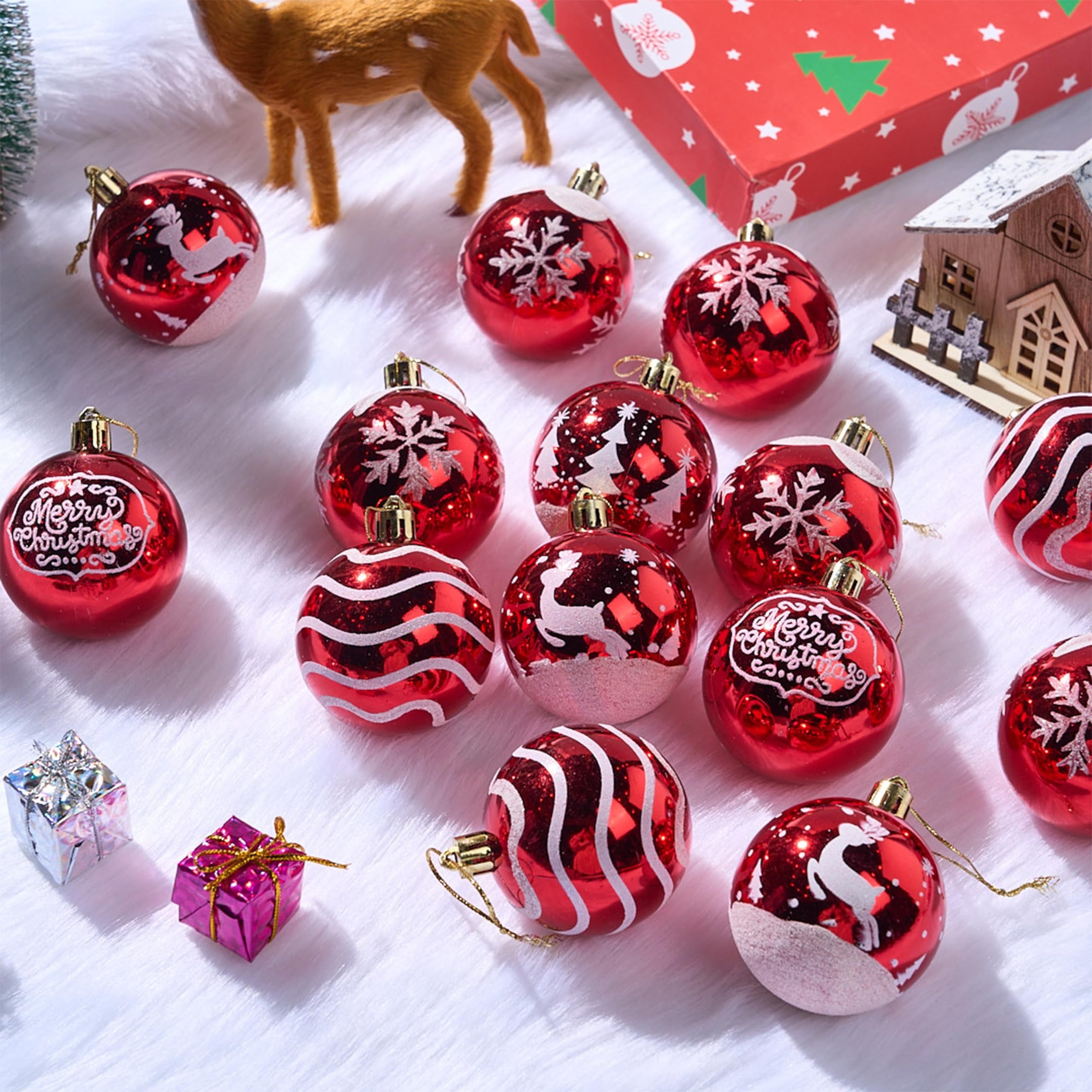 24 Pcs Christmas Ball Ornaments 2.3" Painting & Glittering Shatterproof Christmas Ornaments for Holidays, Party Decoration, Tree Ornaments, and Special Events (Red&White)