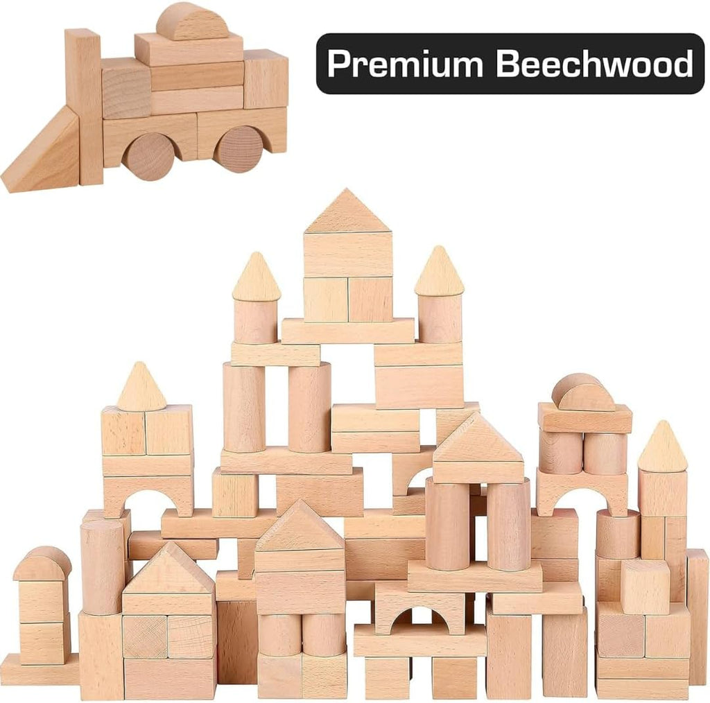Wooden Blocks - 100 Pcs - Building Blocks for Toddlers - Includes Storage Container with Shape Sorter Lid - Natural Beech Wood Blocks - Preschool Learning Toys Stacking Block