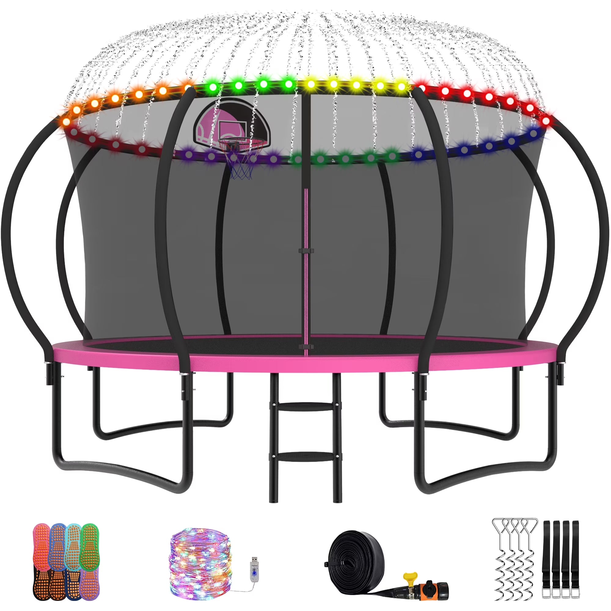 Trampoline, 14 FT Trampoline for 7-8 Kids Adults with Enclosure Net, Basketball Hoop, Ladder, Wind Stakes, 1400LBS Weight Capacity round Outdoor Recreational Trampoline, Heavy Duty Trampoline