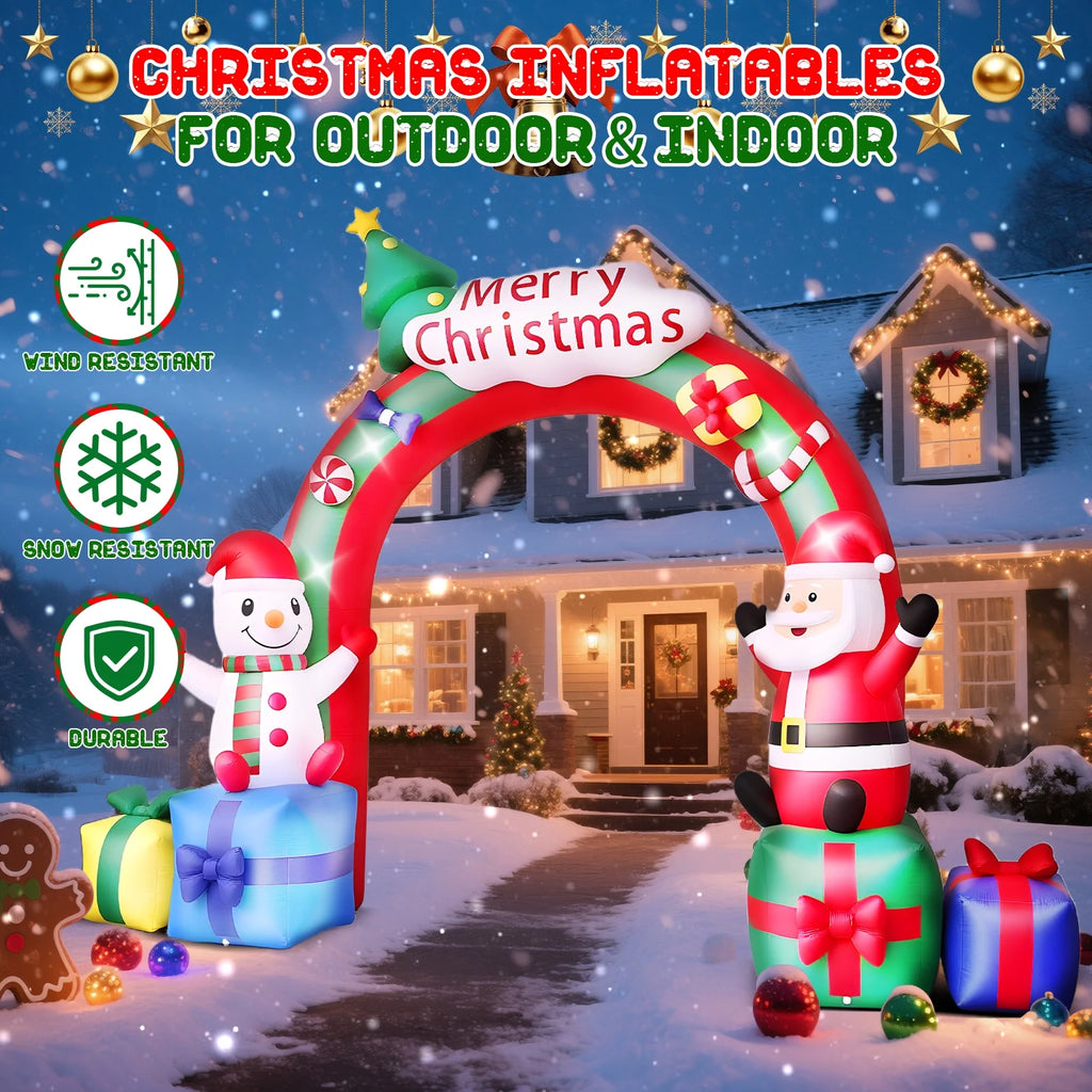 10FT Christmas Inflatable Archway Santa Claus and Snowman with Bow LED Lights Yard Art Decoration