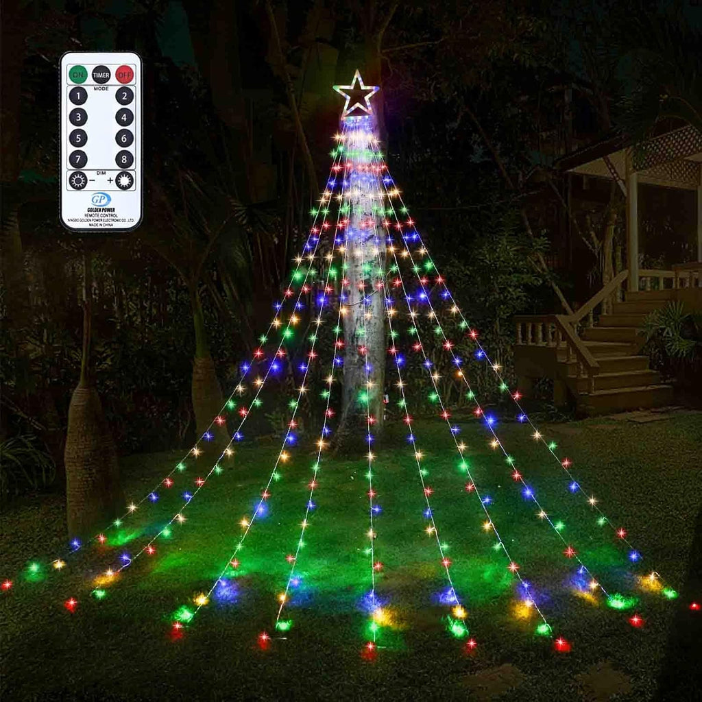 Outdoor Christmas Star String Lights, 317 LED 8 Modes Waterfall Tree Lights with Topper - Multicolor for Yard & Home