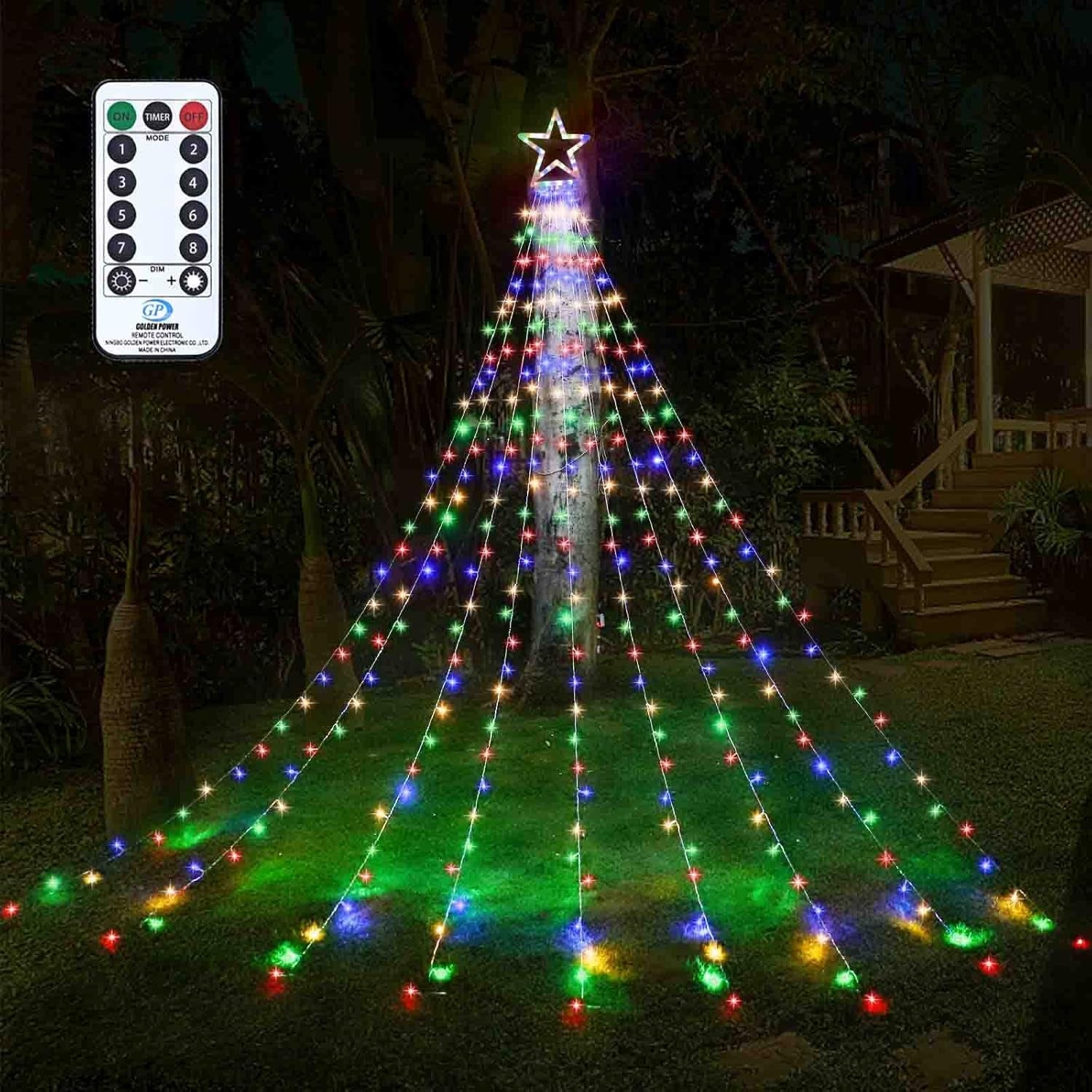 Outdoor Christmas Star String Lights, 317 LED 8 Modes Waterfall Tree Lights with Topper - Multicolor for Yard & Home