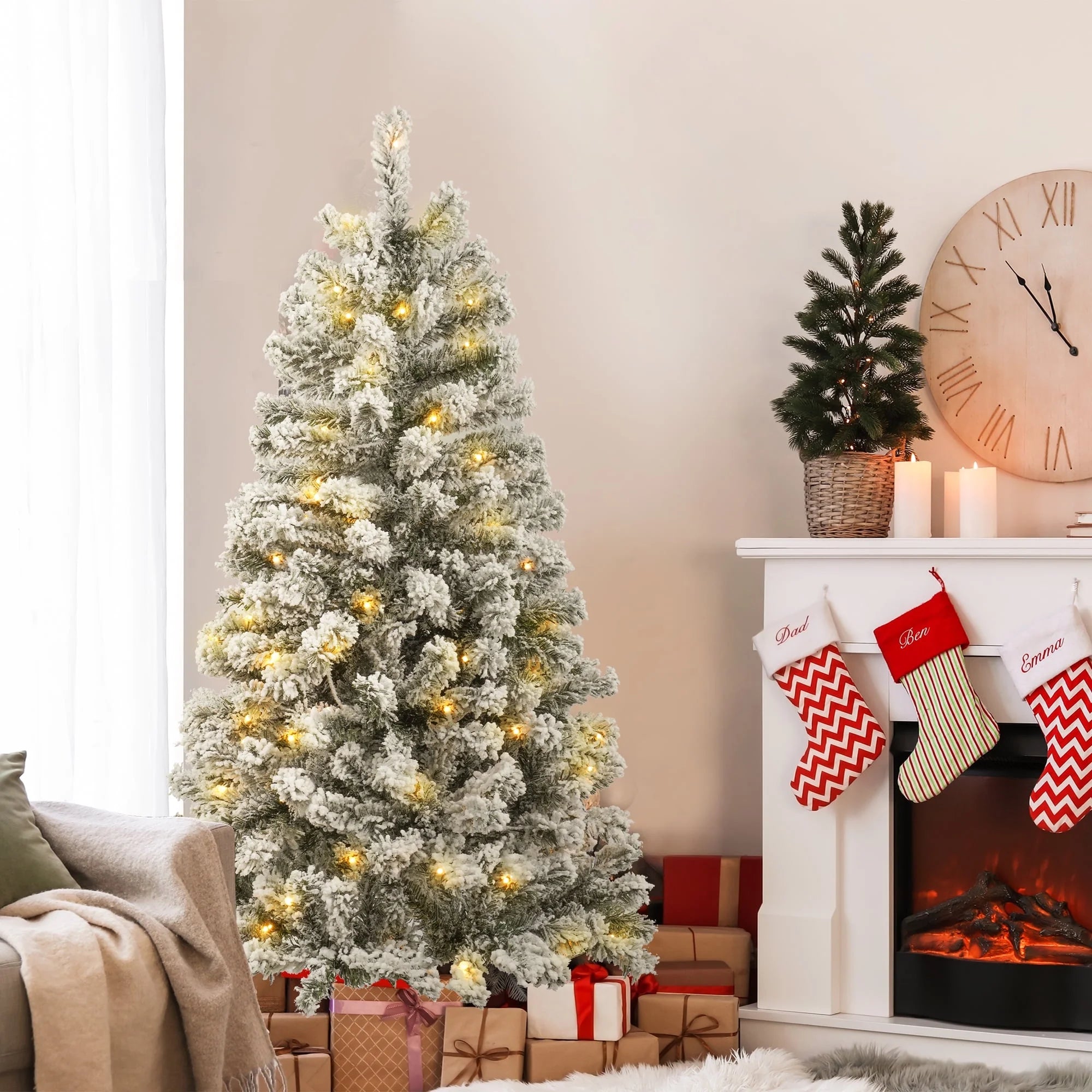 4FT Pre-Lit Flocked Christmas Tree with 360 Branch Tips, Snow Artificial Xmas Tree with 100 LED Lights for Holiday, Outdoor, Indoor, Home