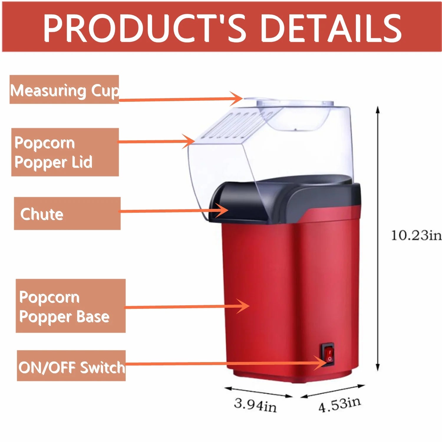 Electric Popcorn Popper, Hot Air Popcorn Maker, Butter Melting Tray, Large Capacity, Healthy Snack