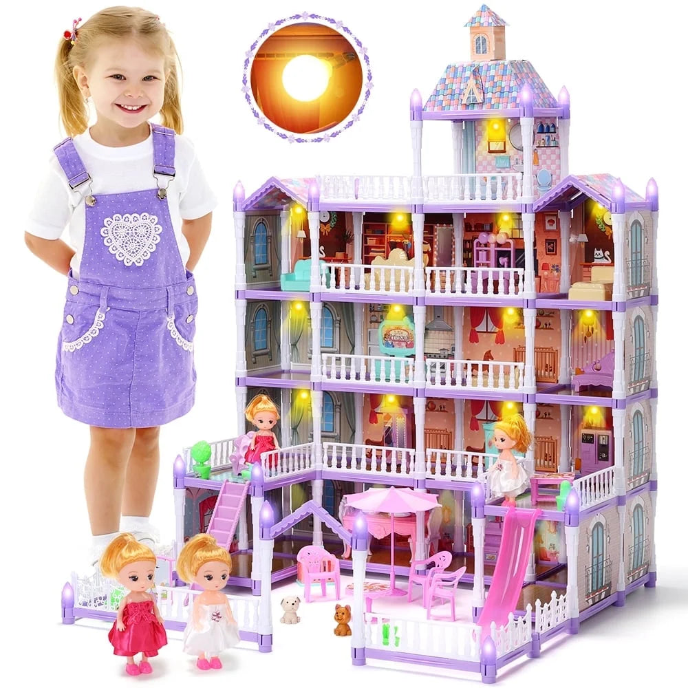 Doll House for Girls, 5-Story 19 Rooms Huge Dollhouse Playset with LED Lights, 2 Dolls, Furnitures, Accessories, DIY Pretend Play House Toys Gifts for Kids, Pink