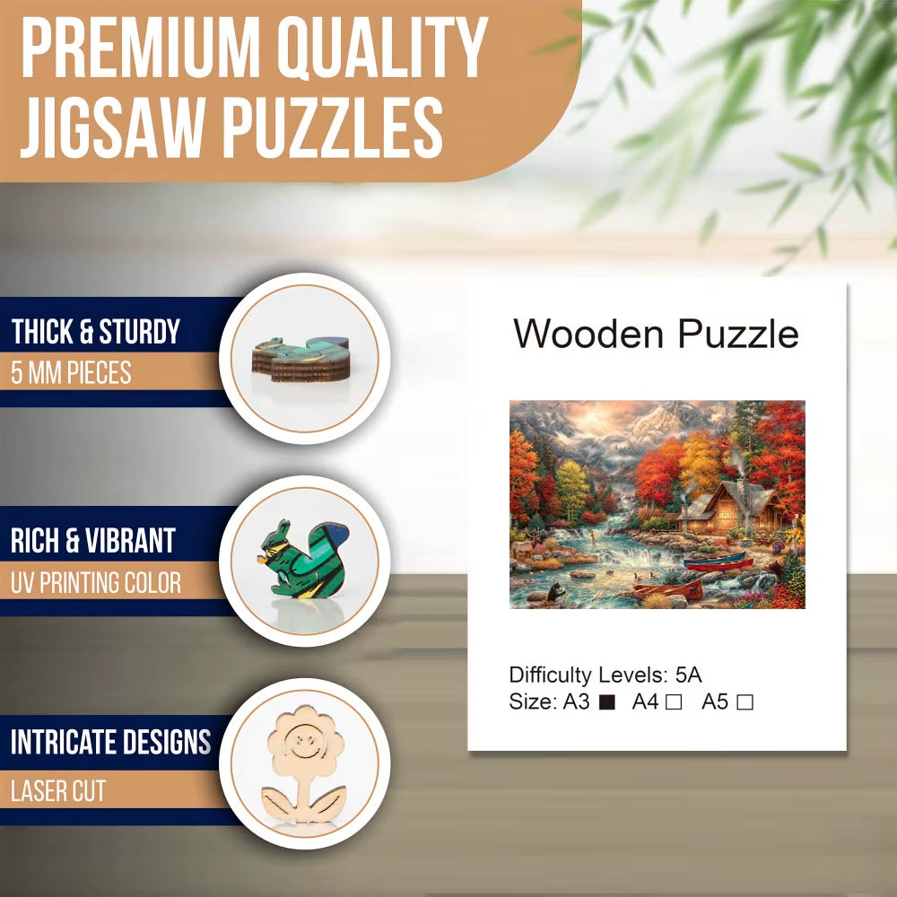Autumn Mountains Wooden Jigsaw Puzzle Toys, Irregular Animal Shaped Pieces, Best Gift for Christmas and Thanksgiving