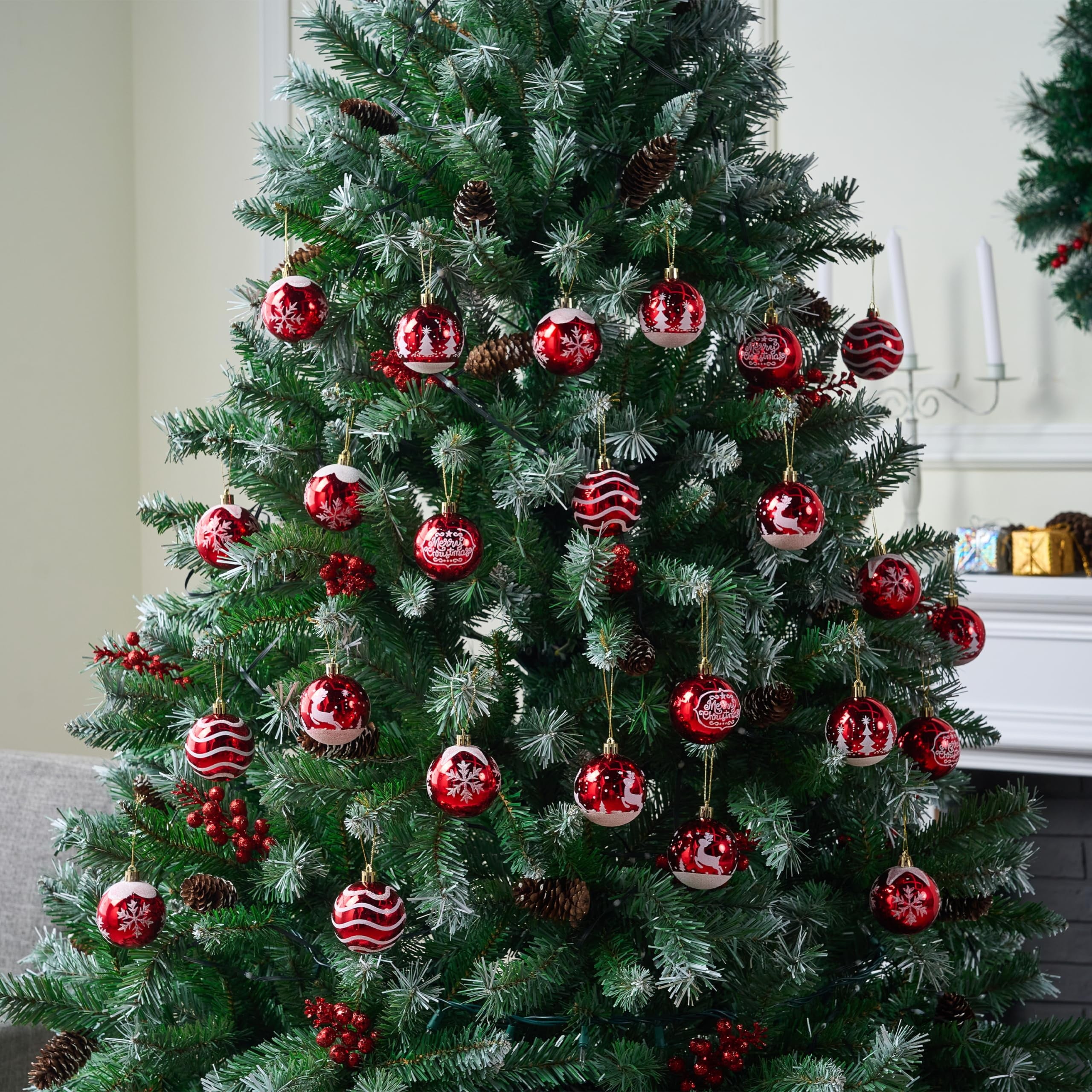 24 Pcs Christmas Ball Ornaments 2.3" Painting & Glittering Shatterproof Christmas Ornaments for Holidays, Party Decoration, Tree Ornaments, and Special Events (Red&White)