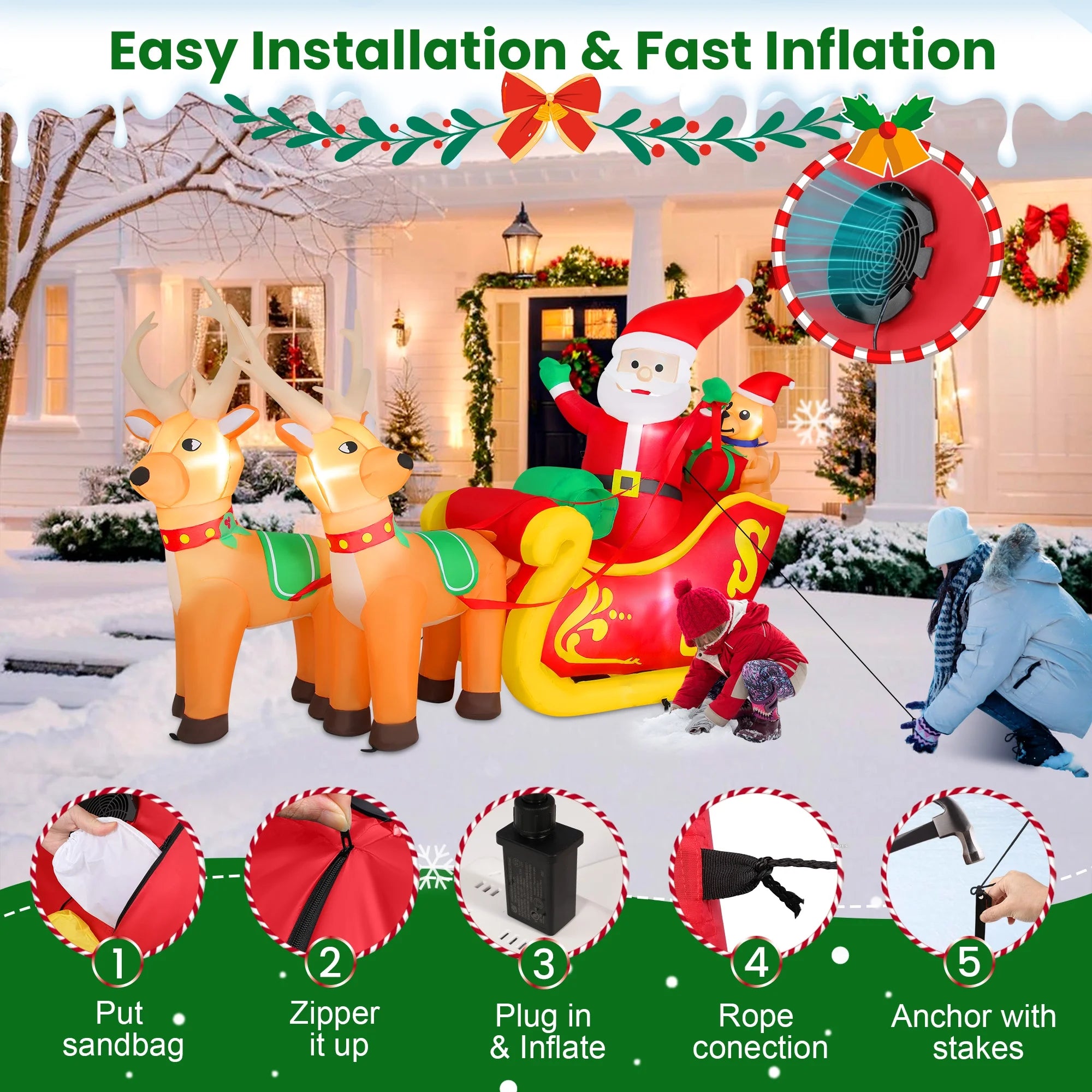 7Ft Christmas Inflatables Outdoor Decoration Santa Claus on Sleigh with Reindeer