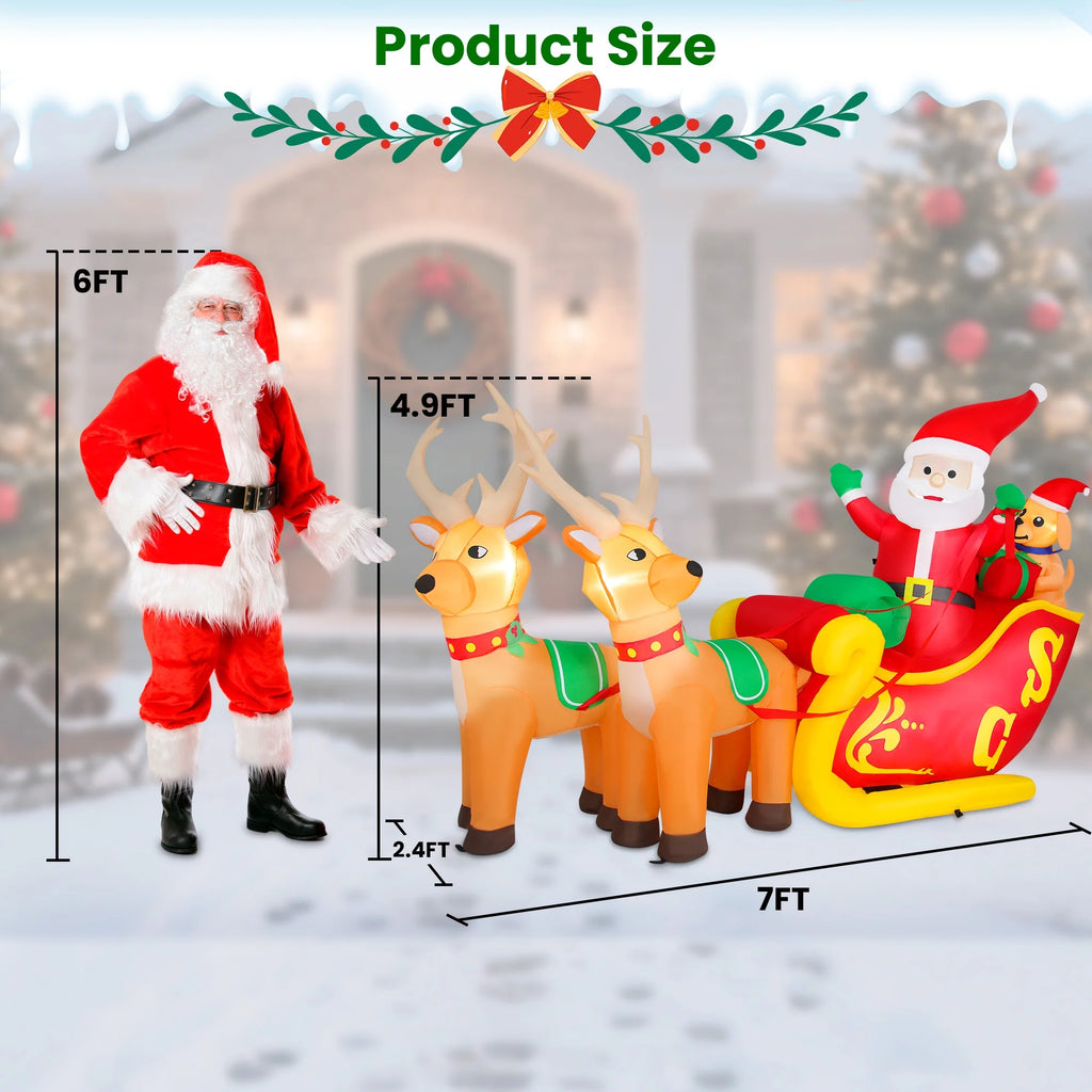 7Ft Christmas Inflatables Outdoor Decoration Santa Claus on Sleigh with Reindeer