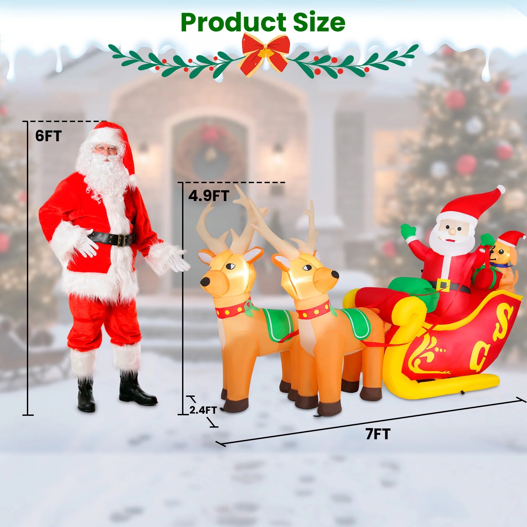 7Ft Christmas Inflatables Outdoor Decoration Santa Claus on Sleigh with Reindeer