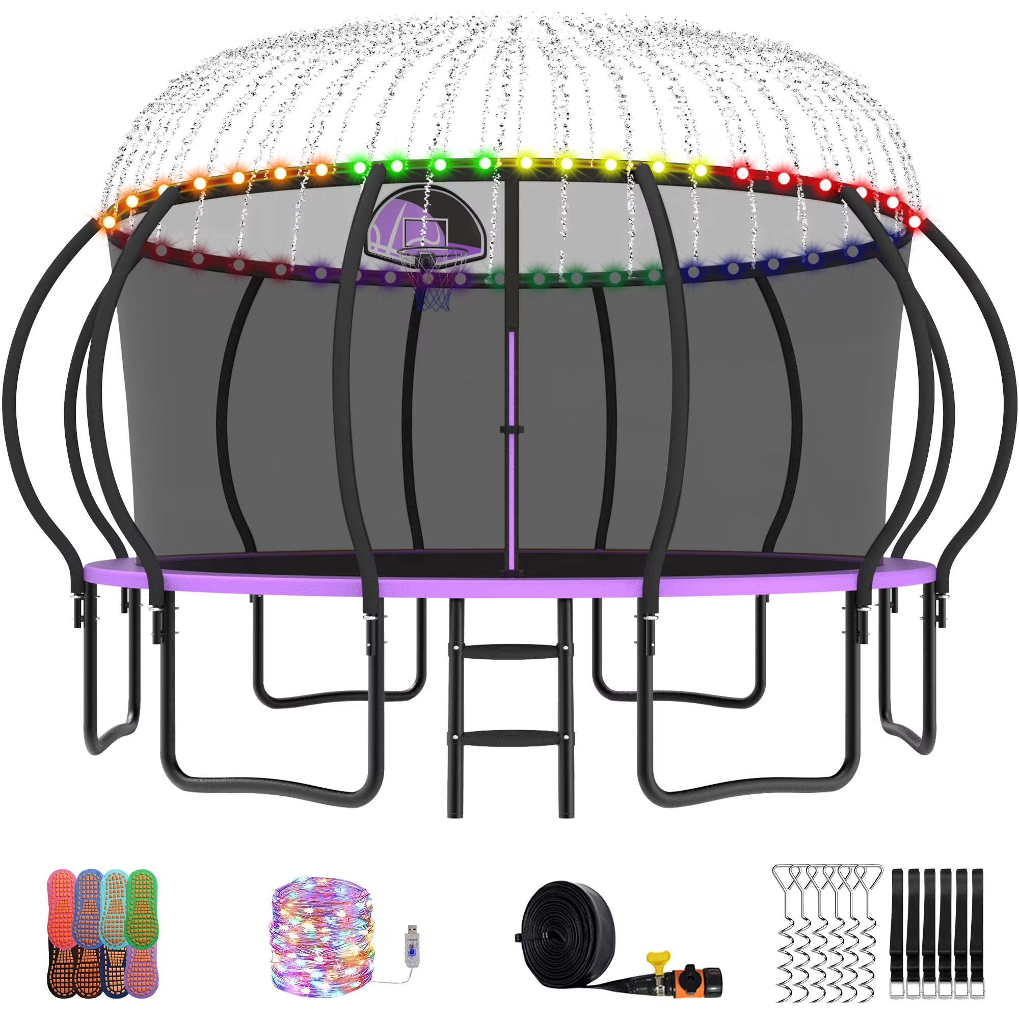 Trampoline, 14 FT Trampoline for 7-8 Kids Adults with Enclosure Net, Basketball Hoop, Ladder, Wind Stakes, 1400LBS Weight Capacity round Outdoor Recreational Trampoline, Heavy Duty Trampoline