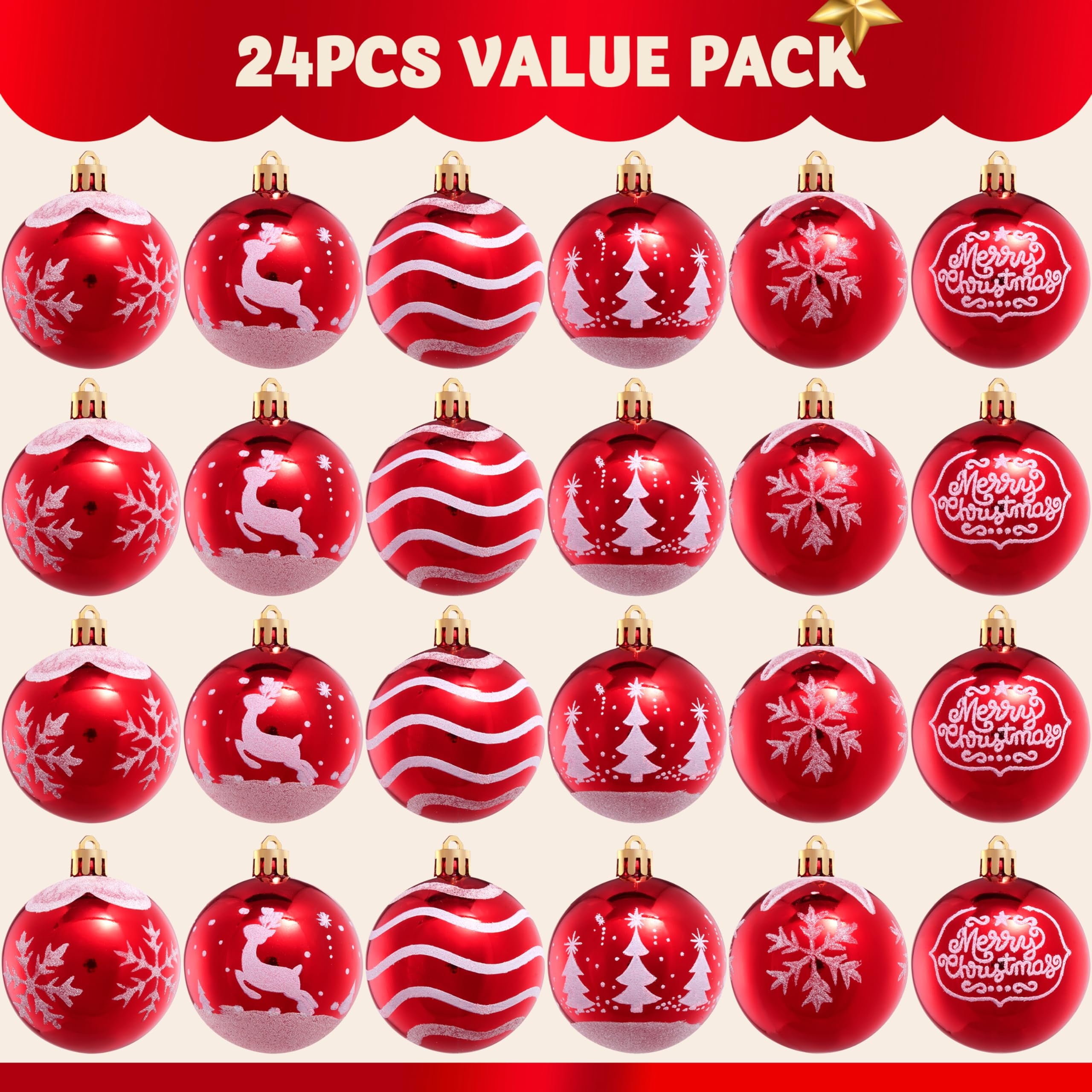24 Pcs Christmas Ball Ornaments 2.3" Painting & Glittering Shatterproof Christmas Ornaments for Holidays, Party Decoration, Tree Ornaments, and Special Events (Red&White)